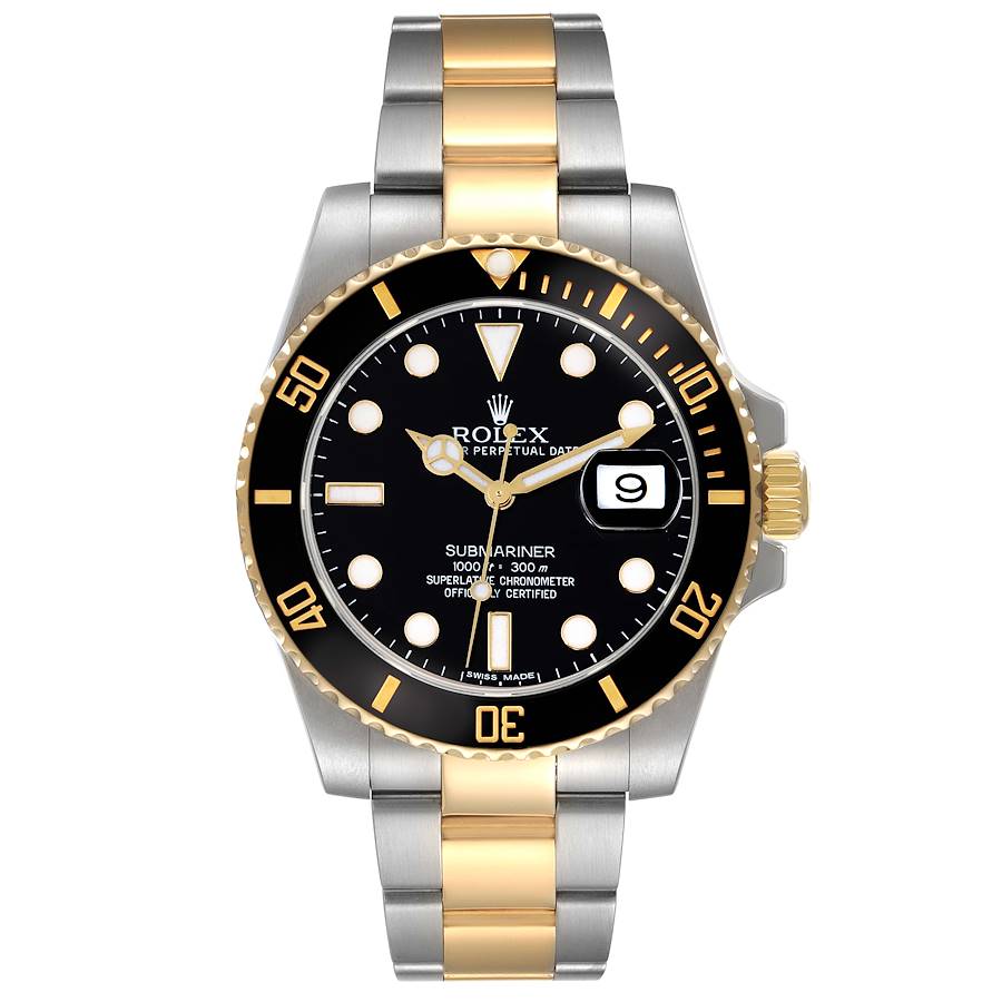*2012 Men's Rolex 40mm Submariner Two Tone 18K Yellow Gold / Stainless Steel Watch with Black Dial and Black Bezel. (Pre-Owned Box/Card 116613LN)