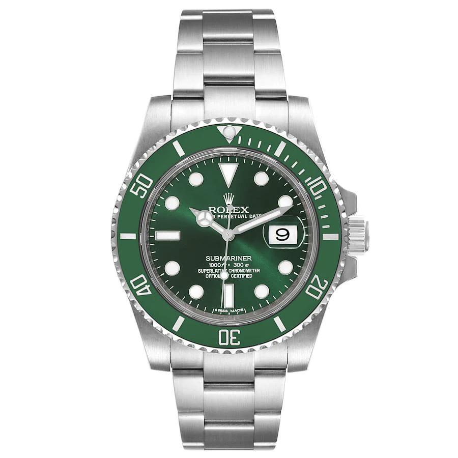 2015 Men's Rolex 40mm Submariner "Hulk" Oyster Perpetual Date Stainless Steel Watch with Green Dial and Green Bezel. 116610LV