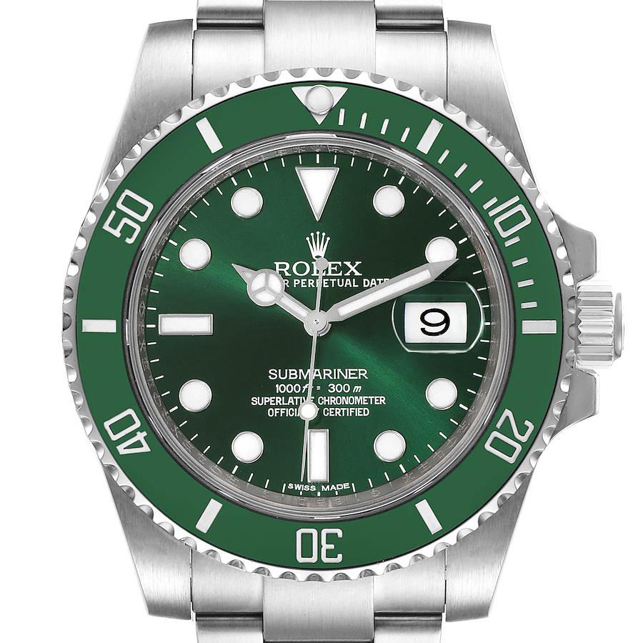 2015 Men's Rolex 40mm Submariner "Hulk" Oyster Perpetual Date Stainless Steel Watch with Green Dial and Green Bezel. (Pre-Owned 116610LV)