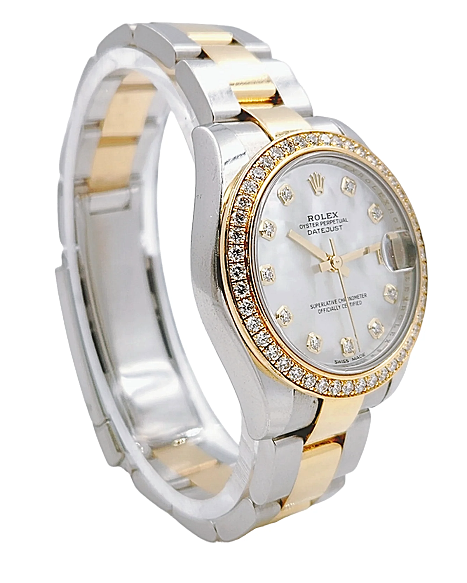 2018 Ladies Rolex DateJust 31mm Midsize Two Tone 18K Yellow Gold / Stainless Steel Watch with Mother of Pearl Diamond Dial and Diamond Bezel. (Pre-Owned 178383)