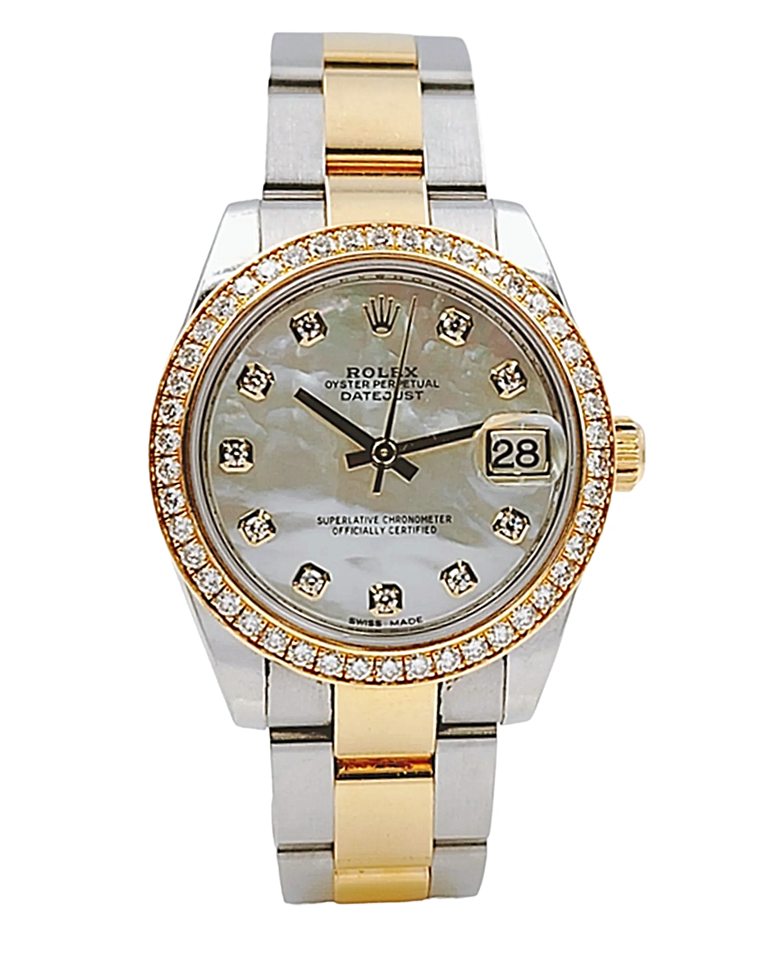 2018 Ladies Rolex DateJust 31mm Midsize Two Tone 18K Yellow Gold / Stainless Steel Watch with Mother of Pearl Diamond Dial and Diamond Bezel. (Pre-Owned 178383)