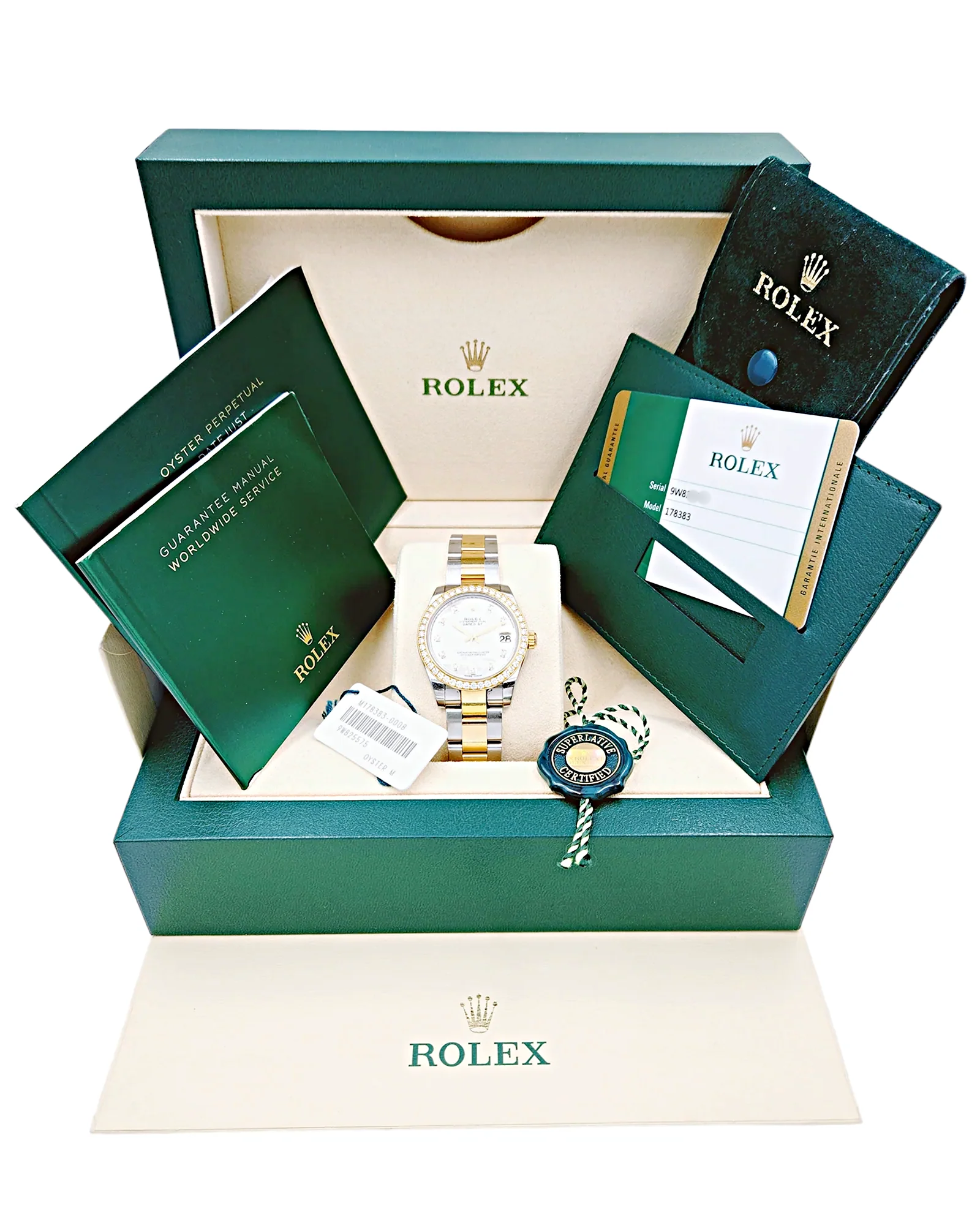 2018 Ladies Rolex DateJust 31mm Midsize Two Tone 18K Yellow Gold / Stainless Steel Watch with Mother of Pearl Diamond Dial and Diamond Bezel. (Pre-Owned 178383)