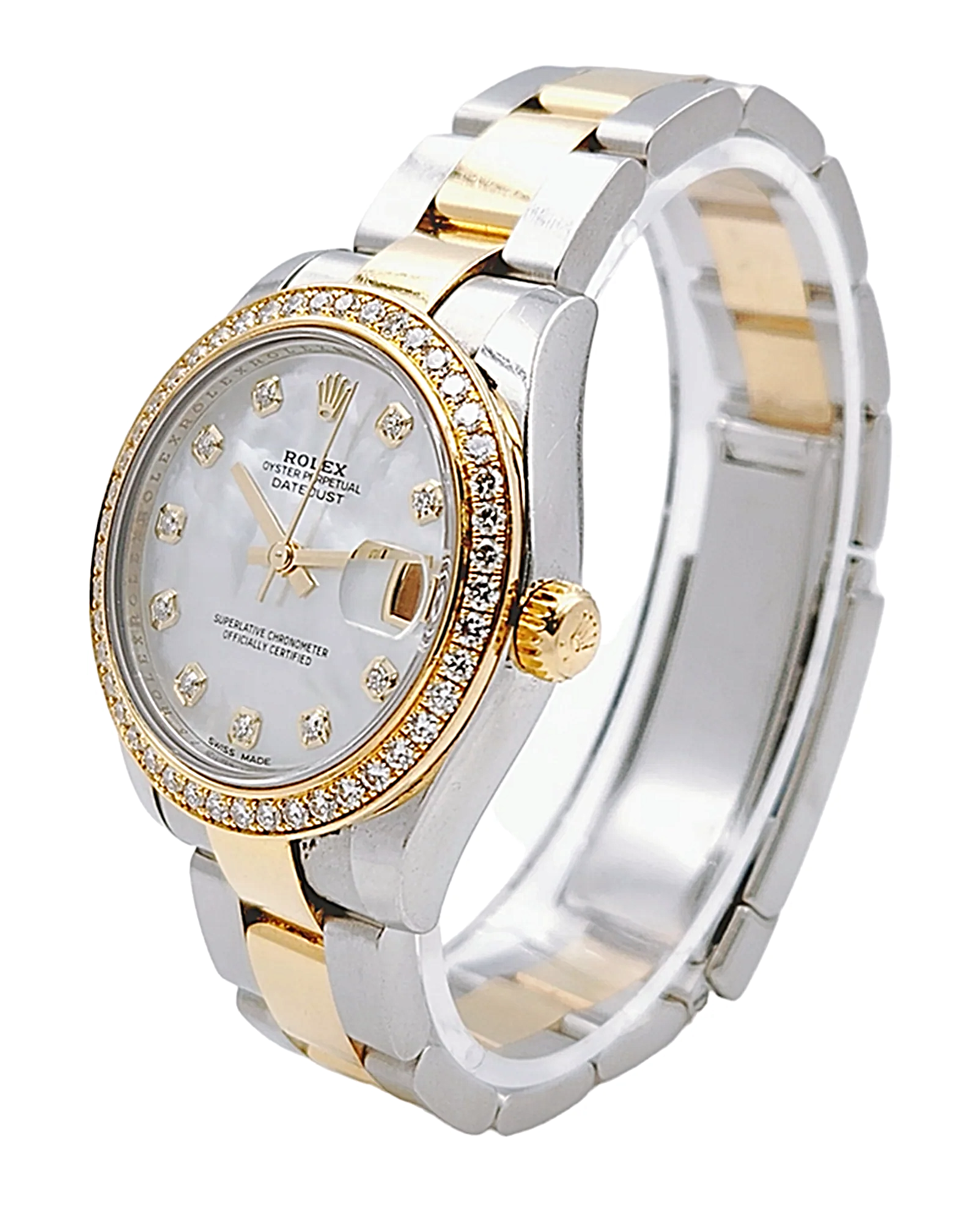 2018 Ladies Rolex DateJust 31mm Midsize Two Tone 18K Yellow Gold / Stainless Steel Watch with Mother of Pearl Diamond Dial and Diamond Bezel. (Pre-Owned 178383)