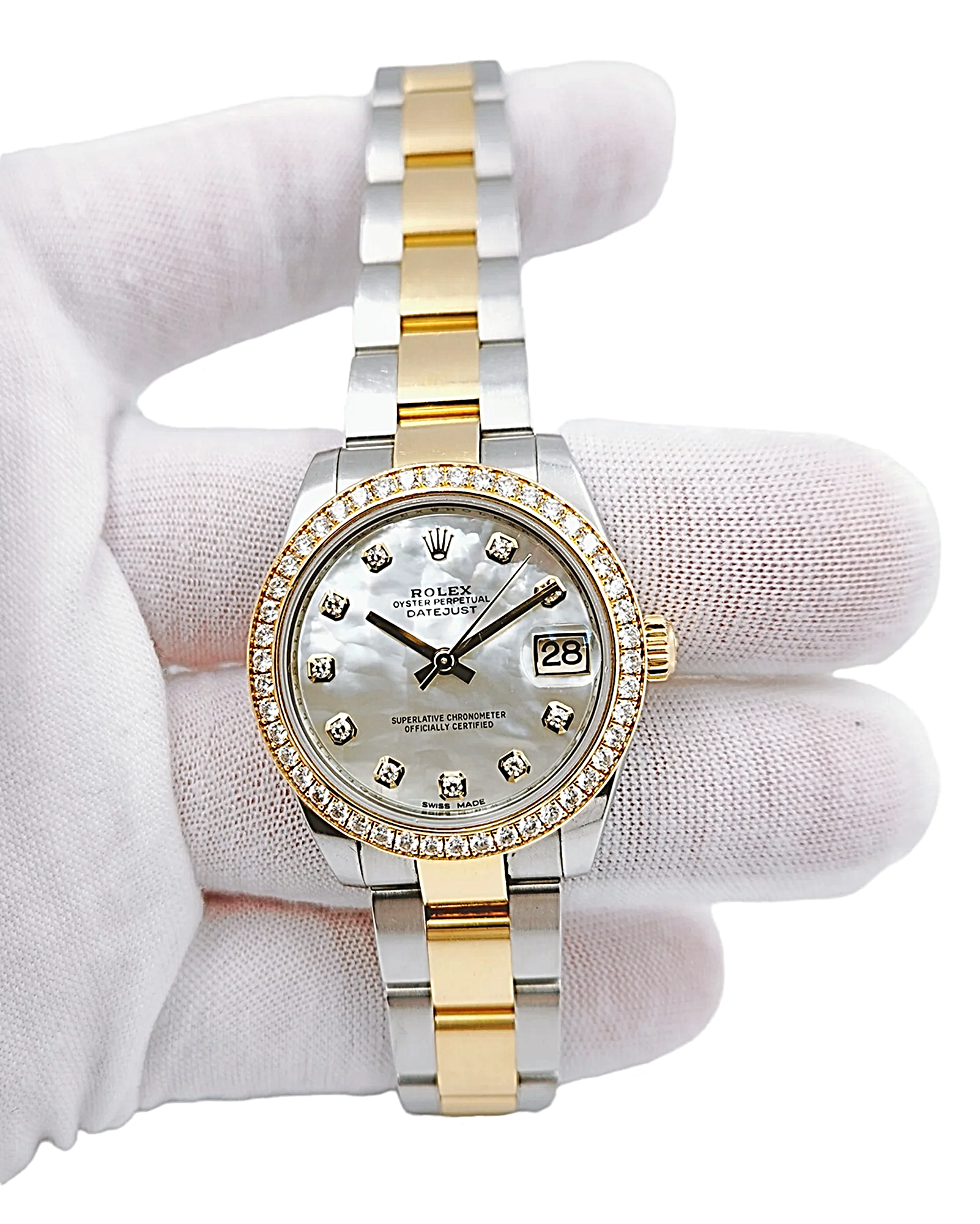 2018 Ladies Rolex DateJust 31mm Midsize Two Tone 18K Yellow Gold / Stainless Steel Watch with Mother of Pearl Diamond Dial and Diamond Bezel. (Pre-Owned 178383)