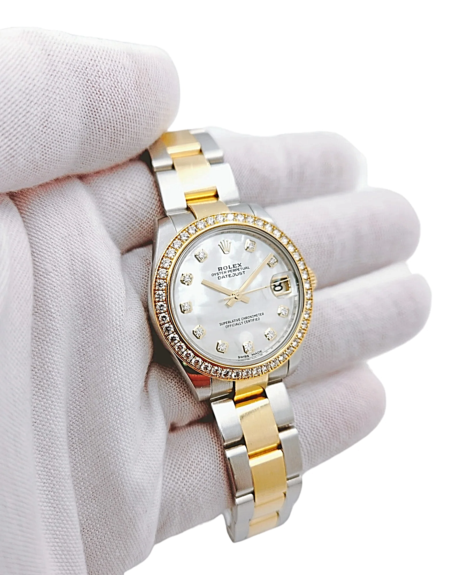 2018 Ladies Rolex DateJust 31mm Midsize Two Tone 18K Yellow Gold / Stainless Steel Watch with Mother of Pearl Diamond Dial and Diamond Bezel. (Pre-Owned 178383)