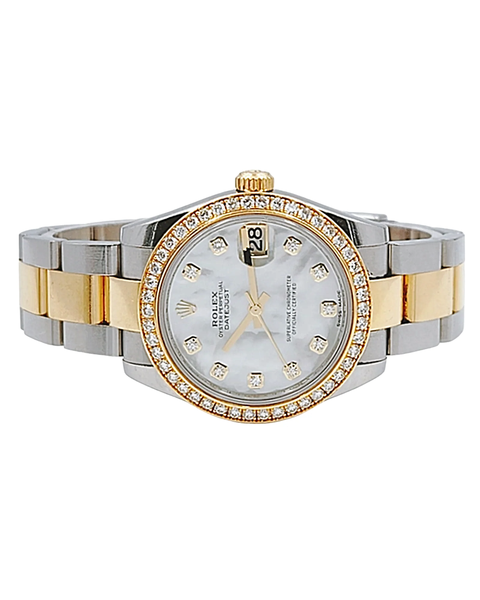 2018 Ladies Rolex DateJust 31mm Midsize Two Tone 18K Yellow Gold / Stainless Steel Watch with Mother of Pearl Diamond Dial and Diamond Bezel. (Pre-Owned 178383)