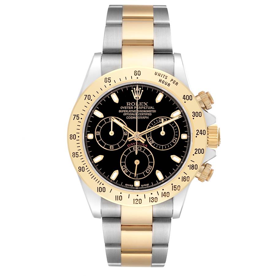 *2020 Men's Rolex 40mm Daytona Two Tone 18K Yellow Gold / Stainless Steel Watch with Black Dial. (Pre-Owned Box/Card 116503)