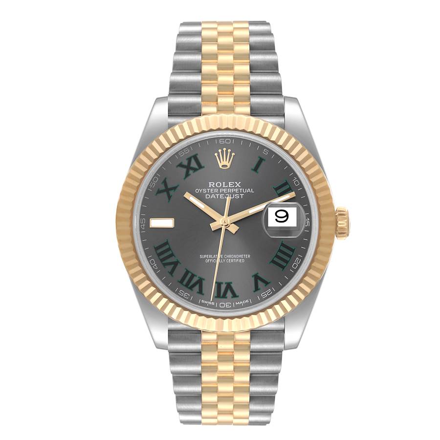 2021 Men's Rolex 41mm DateJust Two Tone 18K Yellow Gold / Stainless Steel Watch with Green Numeral / Silver Dial and Fluted Bezel. (Pre-Owned 126333)