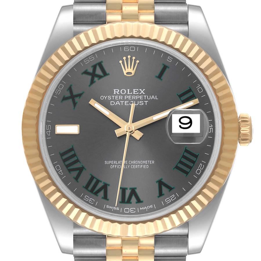 2021 Men's Rolex 41mm DateJust Two Tone 18K Yellow Gold / Stainless Steel Watch with Green Numeral / Silver Dial and Fluted Bezel. (Pre-Owned 126333)