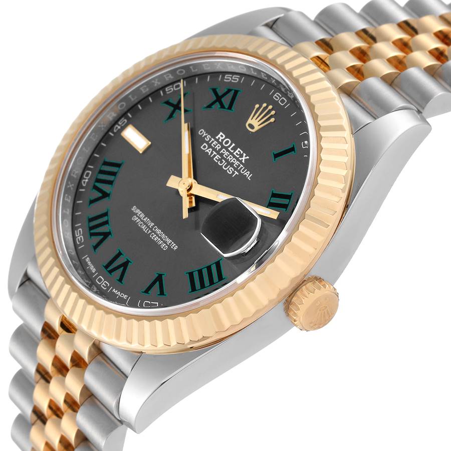 2021 Men's Rolex 41mm DateJust Two Tone 18K Yellow Gold / Stainless Steel Watch with Green Numeral / Silver Dial and Fluted Bezel. (Pre-Owned 126333)