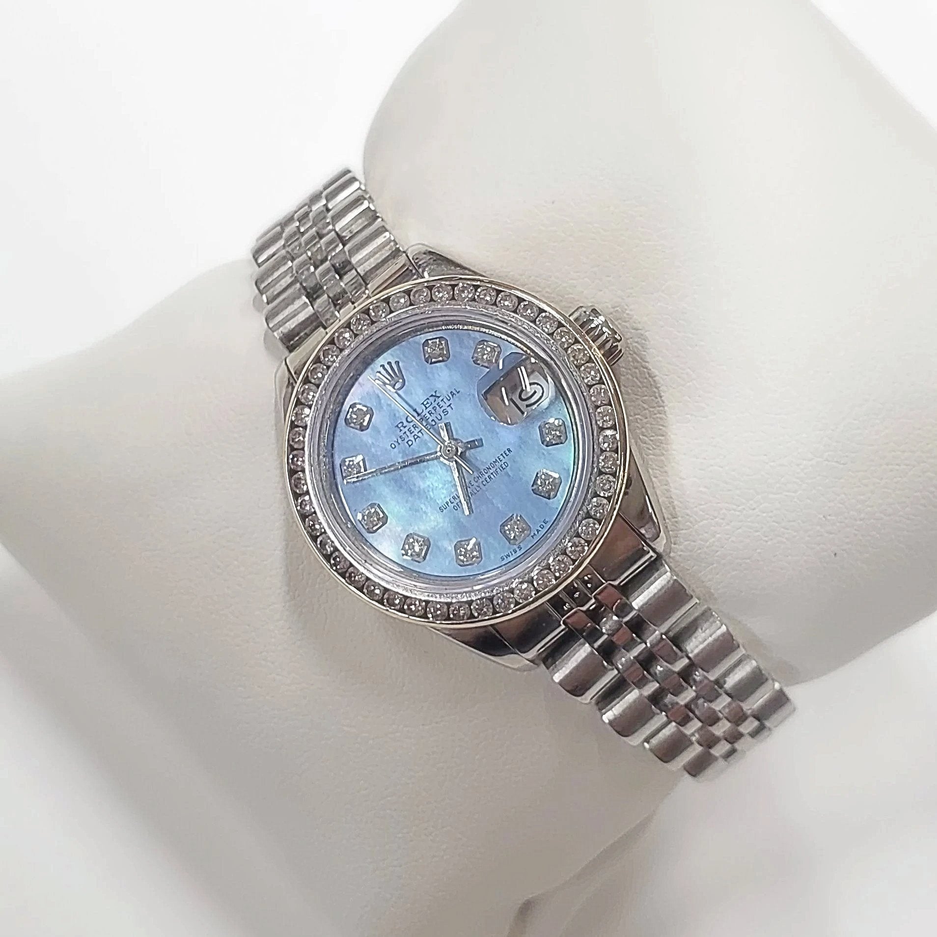 Ladies Rolex 26mm DateJust Stainless Steel Wristwatch w/ Powder Blue Diamond Dial & Diamond Bezel. (Pre-Owned)