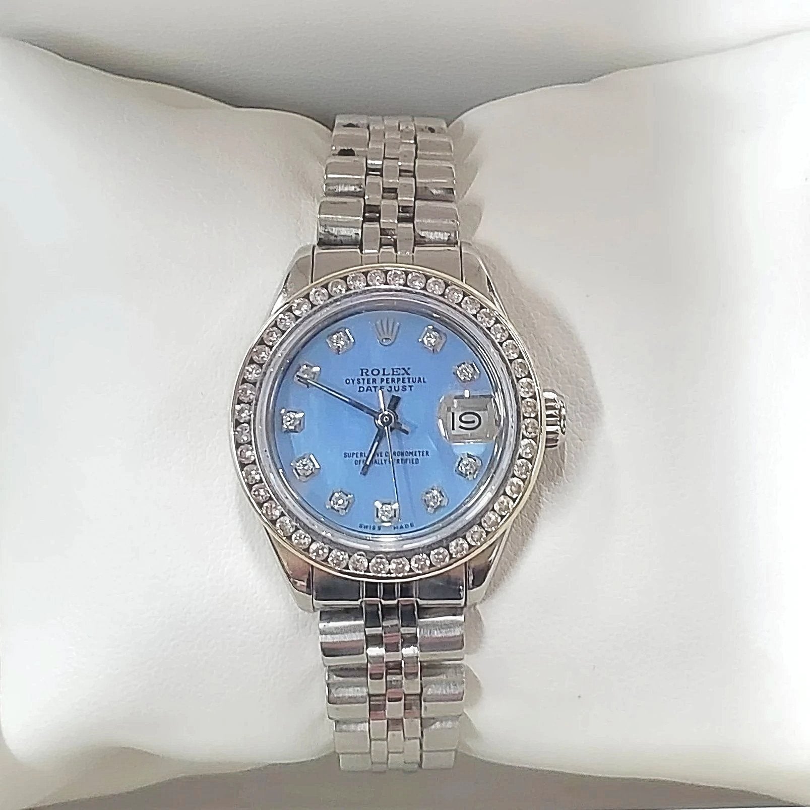 Ladies Rolex 26mm DateJust Stainless Steel Wristwatch w/ Powder Blue Diamond Dial & Diamond Bezel. (Pre-Owned)