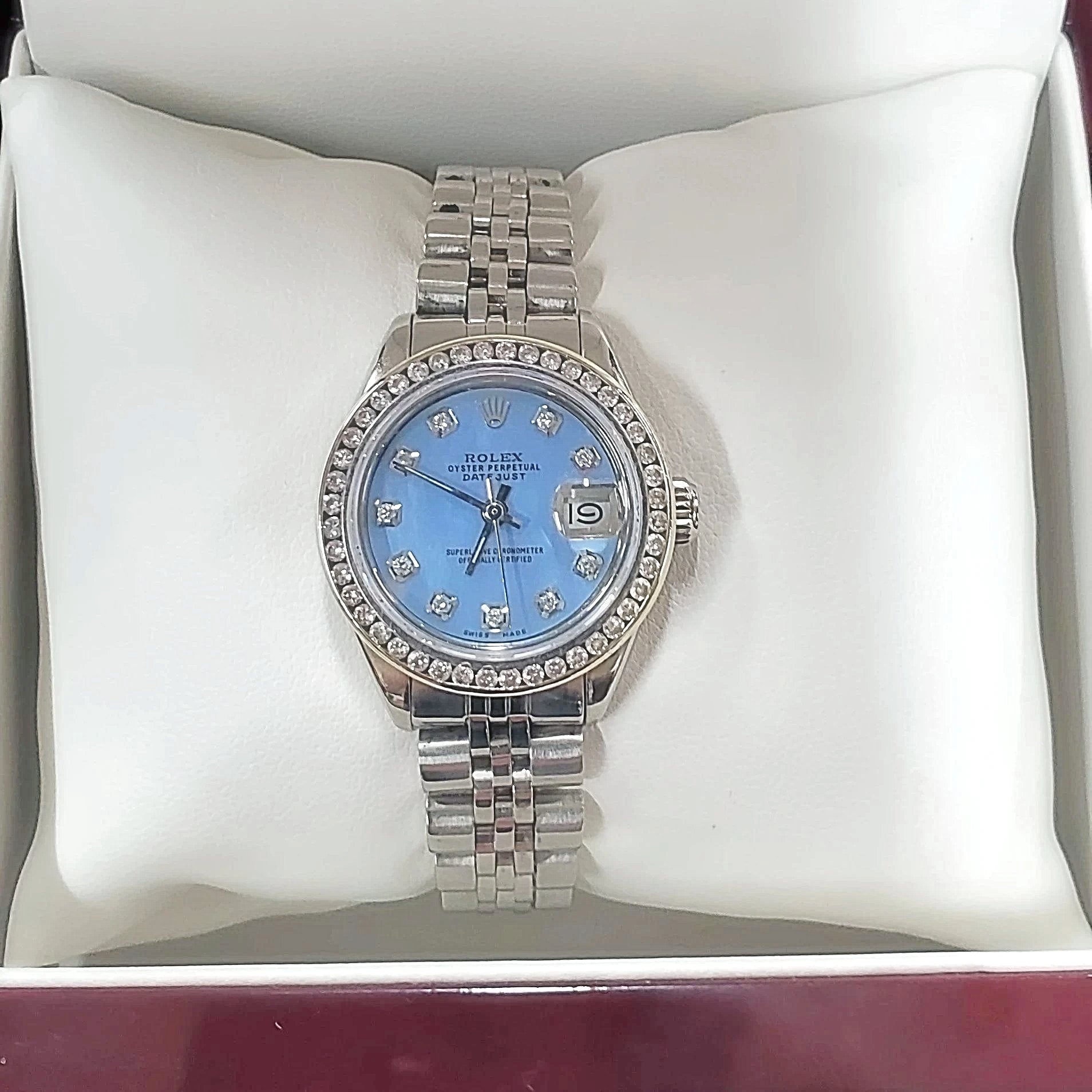 Ladies Rolex 26mm DateJust Stainless Steel Wristwatch w/ Powder Blue Diamond Dial & Diamond Bezel. (Pre-Owned)