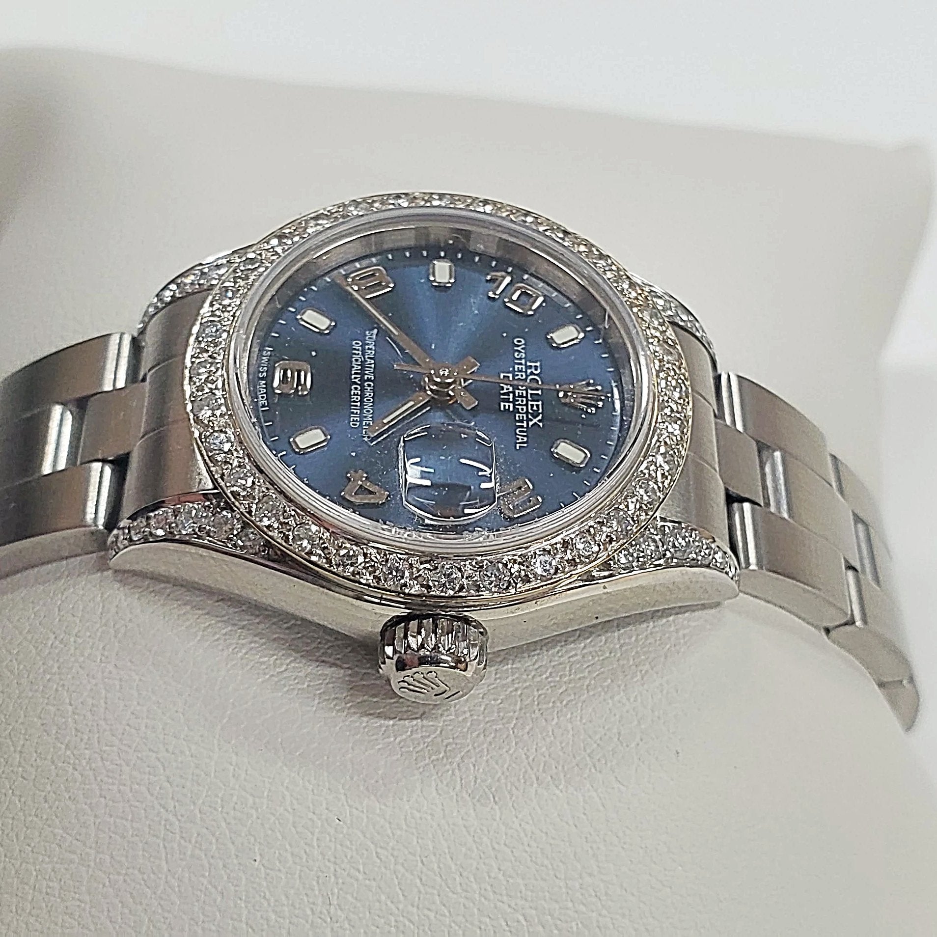 Ladies Rolex 26mm DateJust Stainless Steel Wristwatch w/ Midnight Blue Dial & Custom Diamond Bezel. (Pre-Owned)