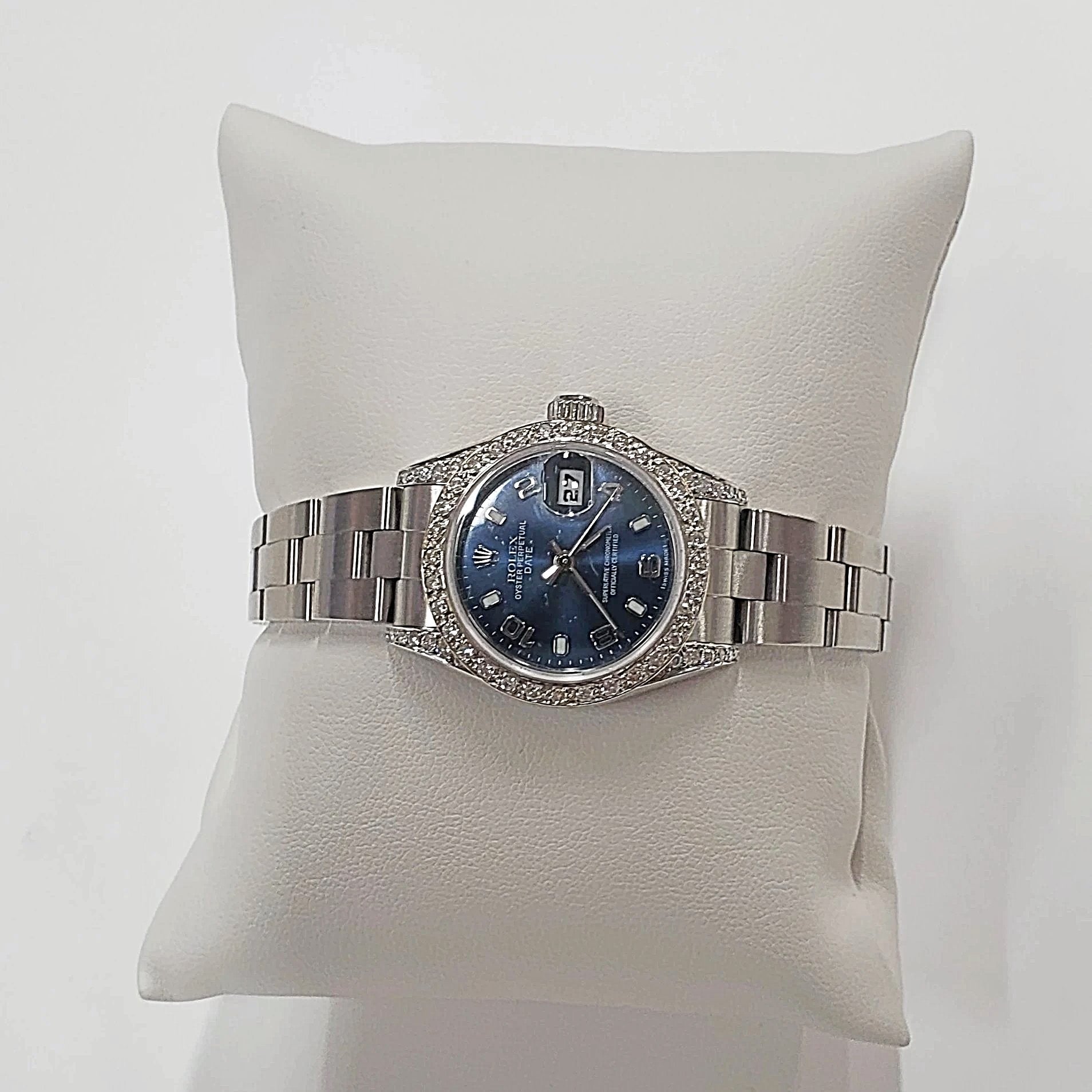 Ladies Rolex 26mm DateJust Stainless Steel Wristwatch w/ Midnight Blue Dial & Custom Diamond Bezel. (Pre-Owned)