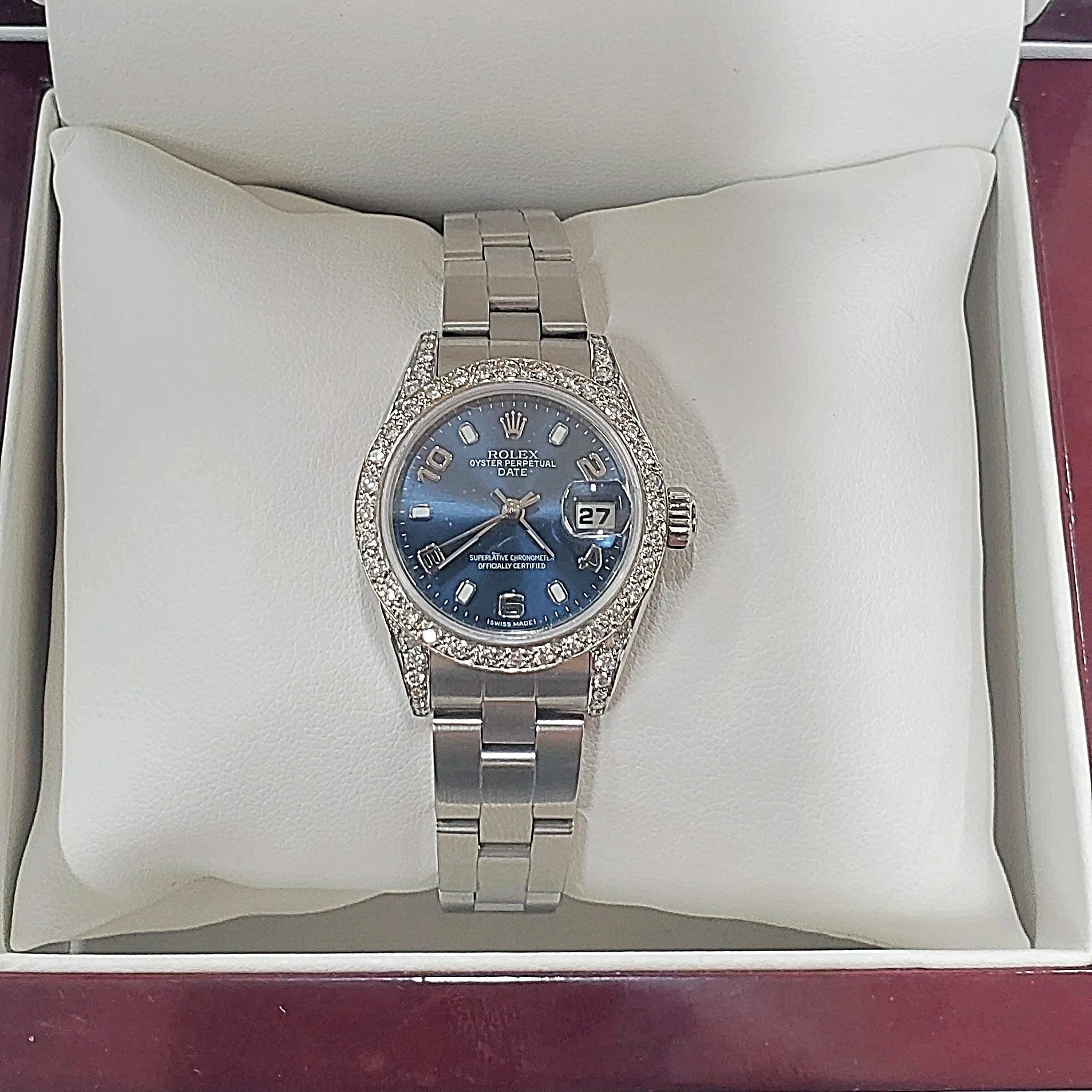 Ladies Rolex 26mm DateJust Stainless Steel Wristwatch w/ Midnight Blue Dial & Custom Diamond Bezel. (Pre-Owned)