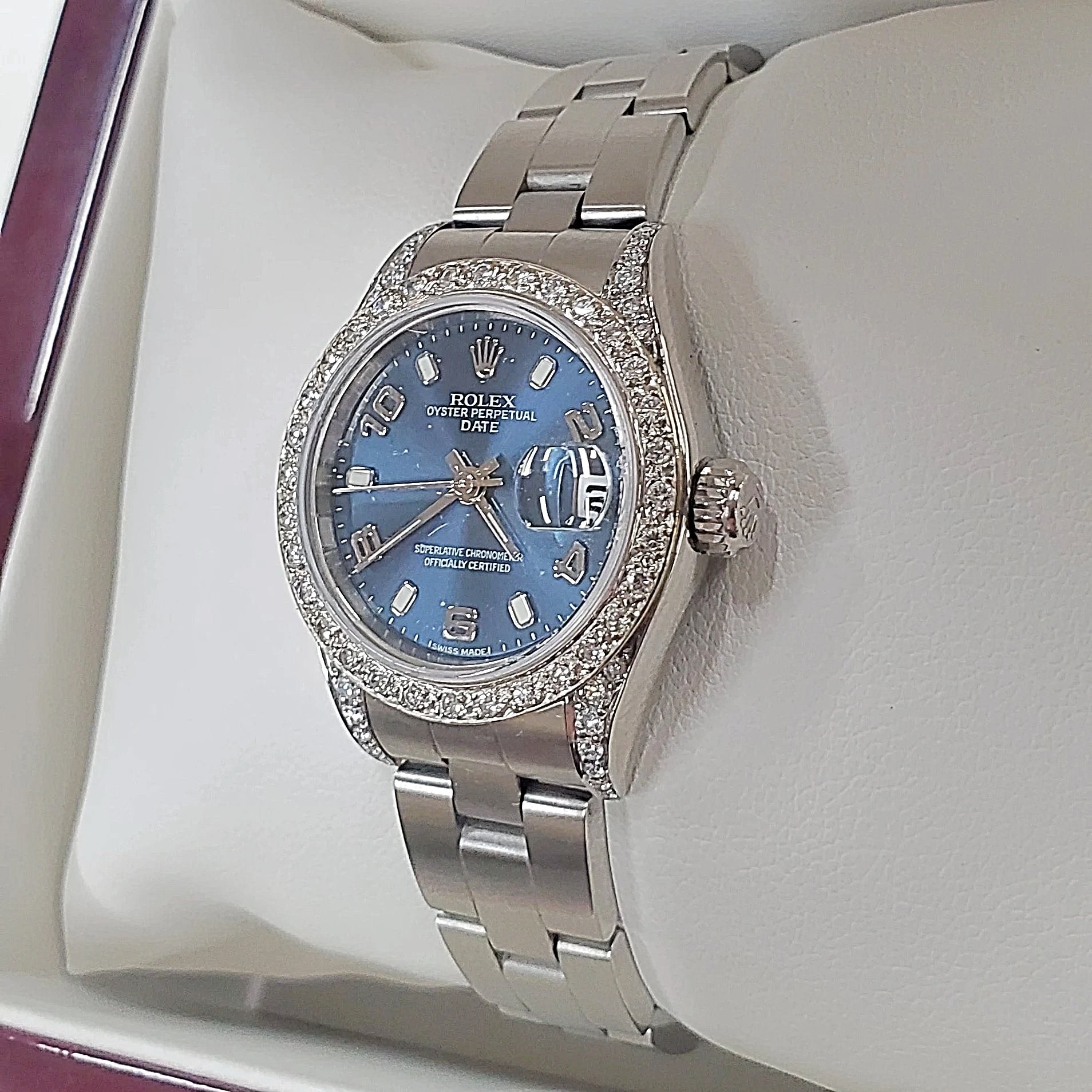 Ladies Rolex 26mm DateJust Stainless Steel Wristwatch w/ Midnight Blue Dial & Custom Diamond Bezel. (Pre-Owned)