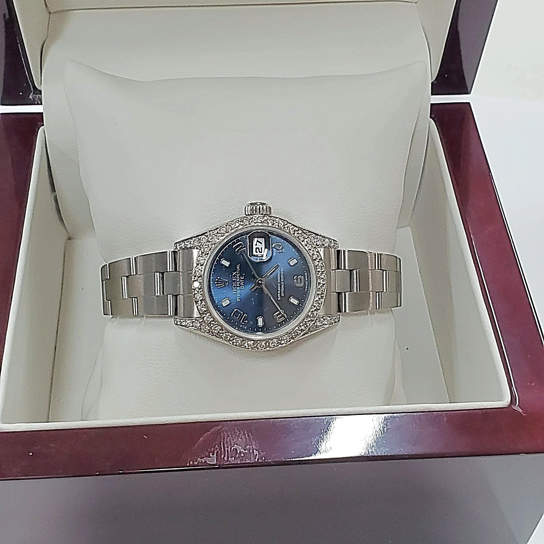 Ladies Rolex 26mm DateJust Stainless Steel Wristwatch w/ Midnight Blue Dial & Custom Diamond Bezel. (Pre-Owned)