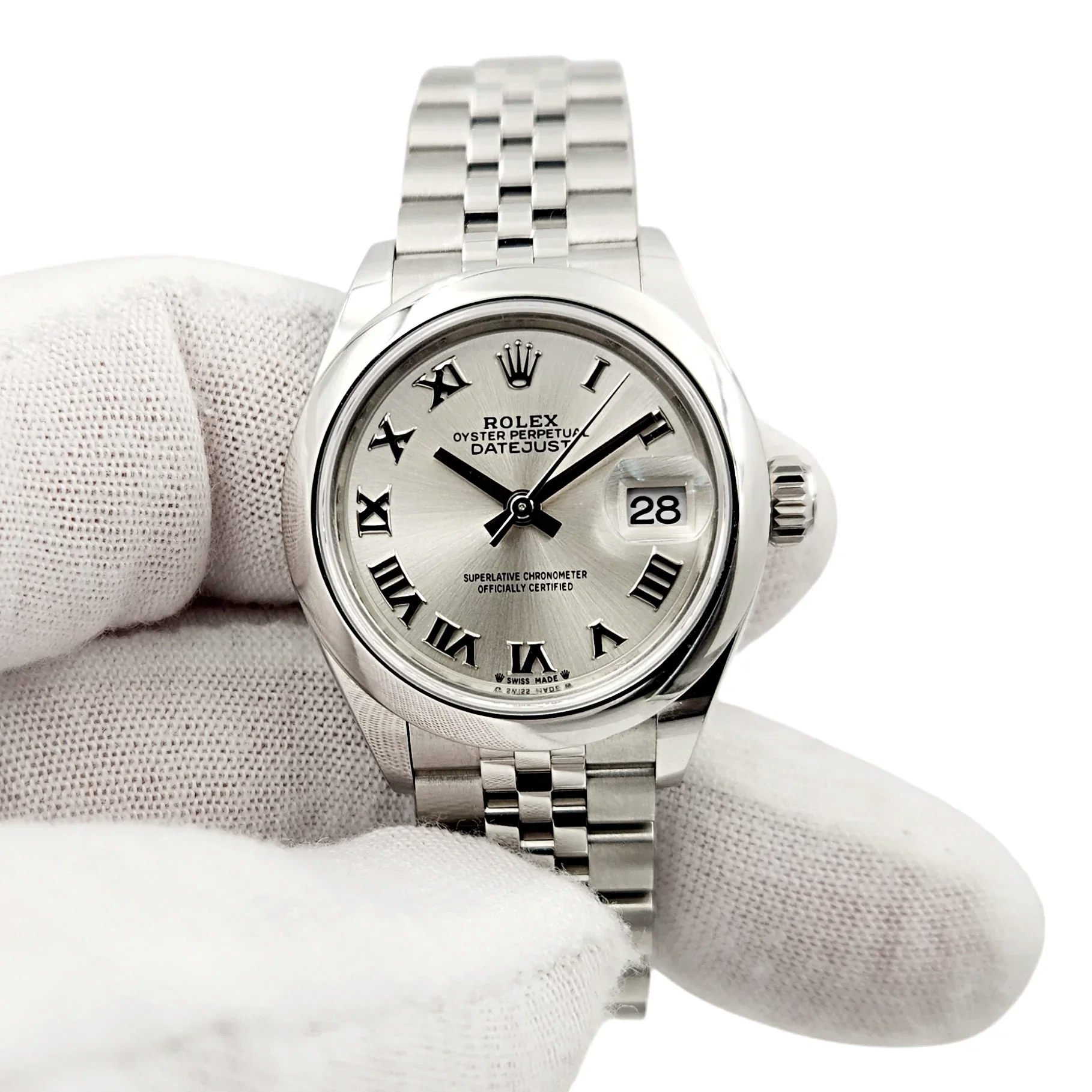 2022 Ladies Rolex 28mm DateJust Stainless Steel Watch with Silver Dial and Fluted Bezel. (Pre-Owned 279160)