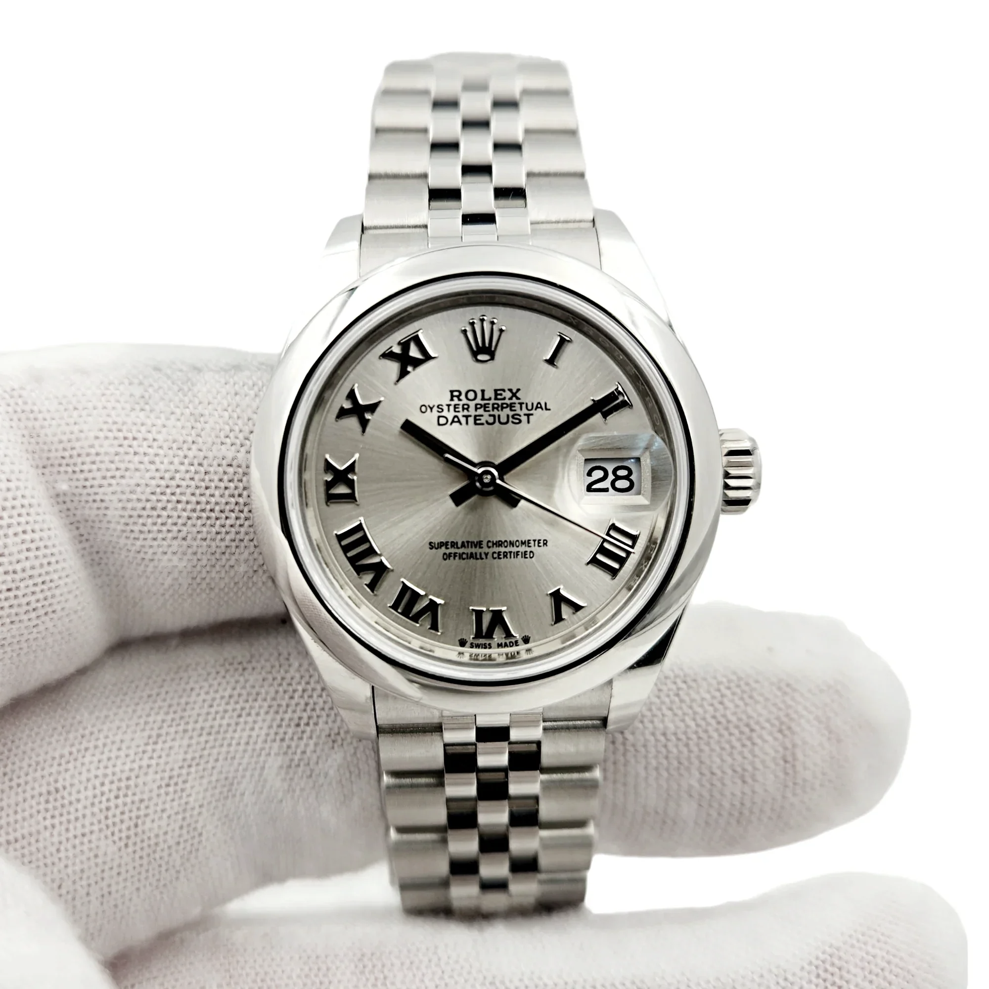 2022 Ladies Rolex 28mm DateJust Stainless Steel Watch with Silver Dial and Fluted Bezel. (Pre-Owned 279160)