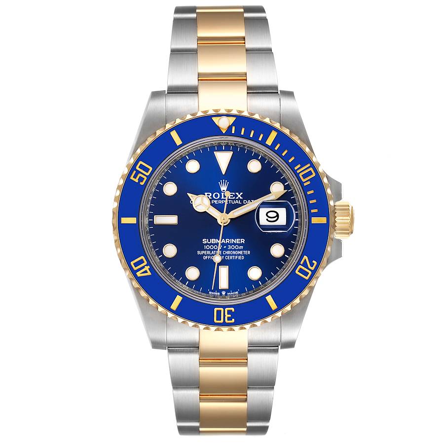 2023 Men's Rolex 40mm Submariner Oyster Perpetual Two Tone 18K Yellow Gold / Stainless Steel Watch with Blue Dial and Blue Bezel. (Unworn 126613LB)