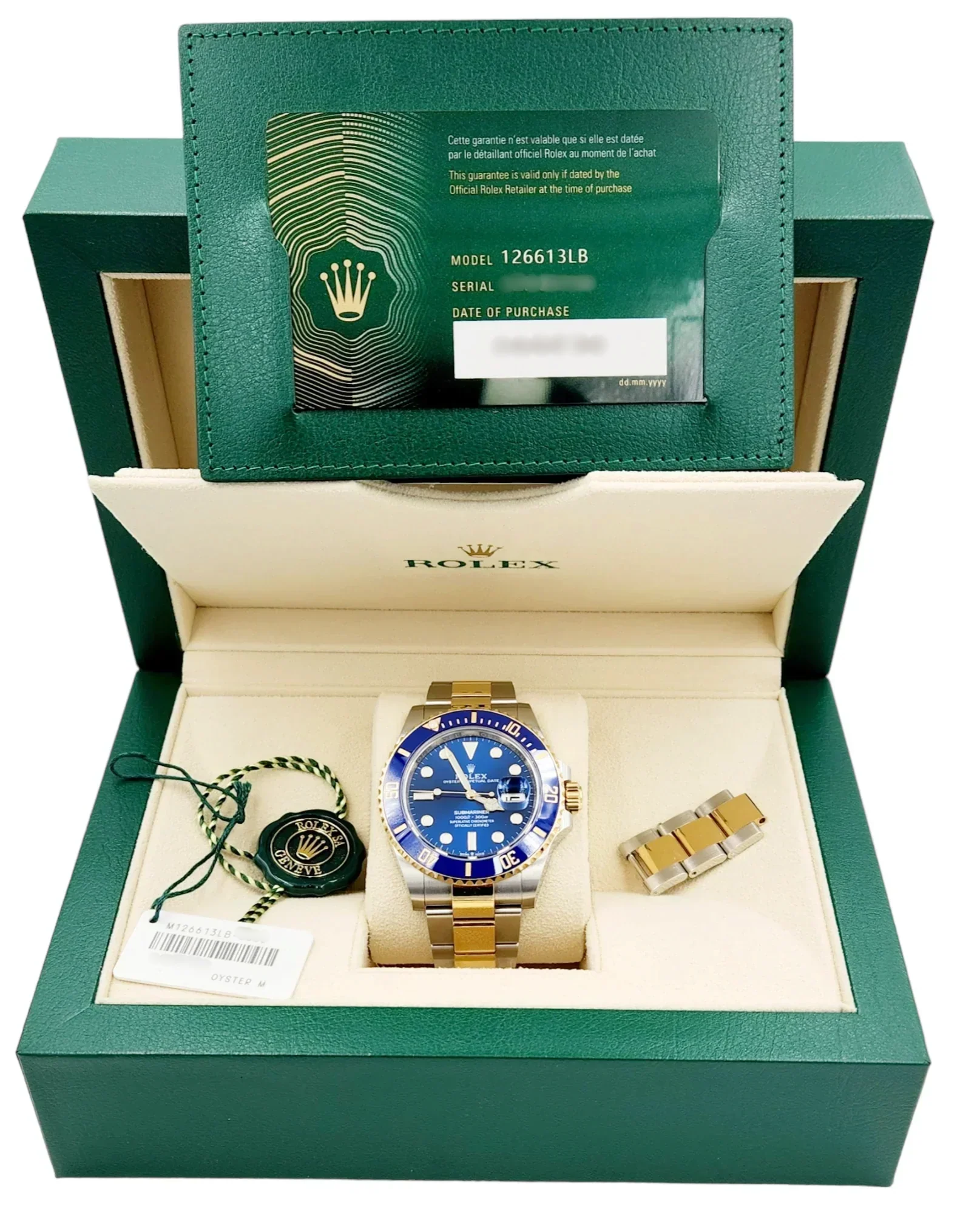 2023 Men's Rolex 40mm Submariner Oyster Perpetual Two Tone 18K Yellow Gold / Stainless Steel Watch with Blue Dial and Blue Bezel. (Unworn 126613LB)