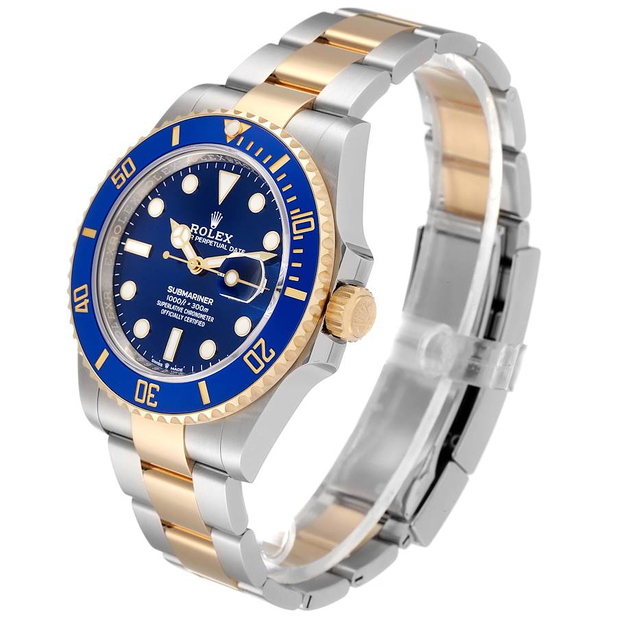 2023 Men's Rolex 40mm Submariner Oyster Perpetual Two Tone 18K Yellow Gold / Stainless Steel Watch with Blue Dial and Blue Bezel. (Unworn 126613LB)