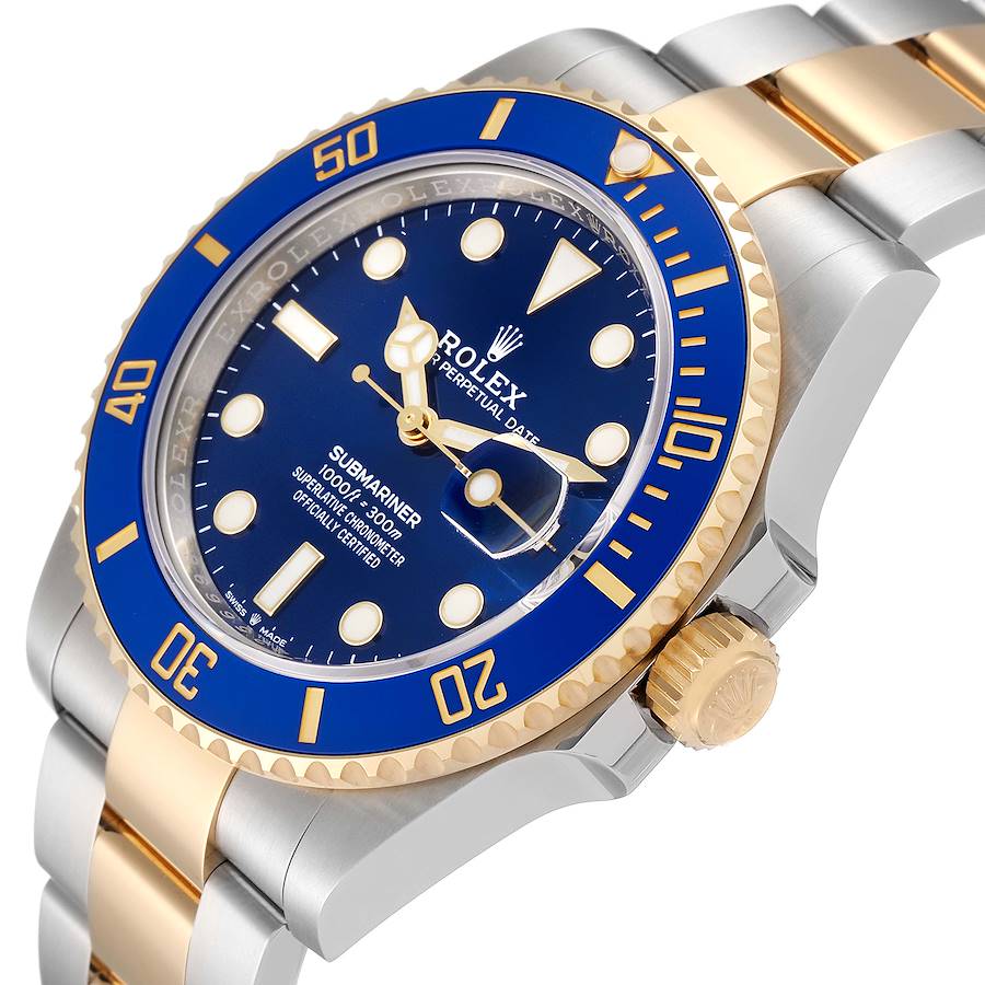 2023 Men's Rolex 40mm Submariner Oyster Perpetual Two Tone 18K Yellow Gold / Stainless Steel Watch with Blue Dial and Blue Bezel. (Unworn 126613LB)