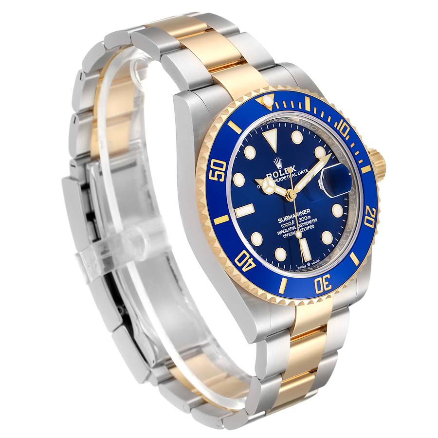 2023 Men's Rolex 40mm Submariner Oyster Perpetual Two Tone 18K Yellow Gold / Stainless Steel Watch with Blue Dial and Blue Bezel. (Unworn 126613LB)