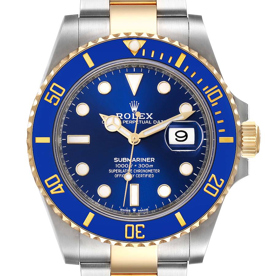 2023 Men's Rolex 40mm Submariner Oyster Perpetual Two Tone 18K Yellow Gold / Stainless Steel Watch with Blue Dial and Blue Bezel. (Unworn 126613LB)