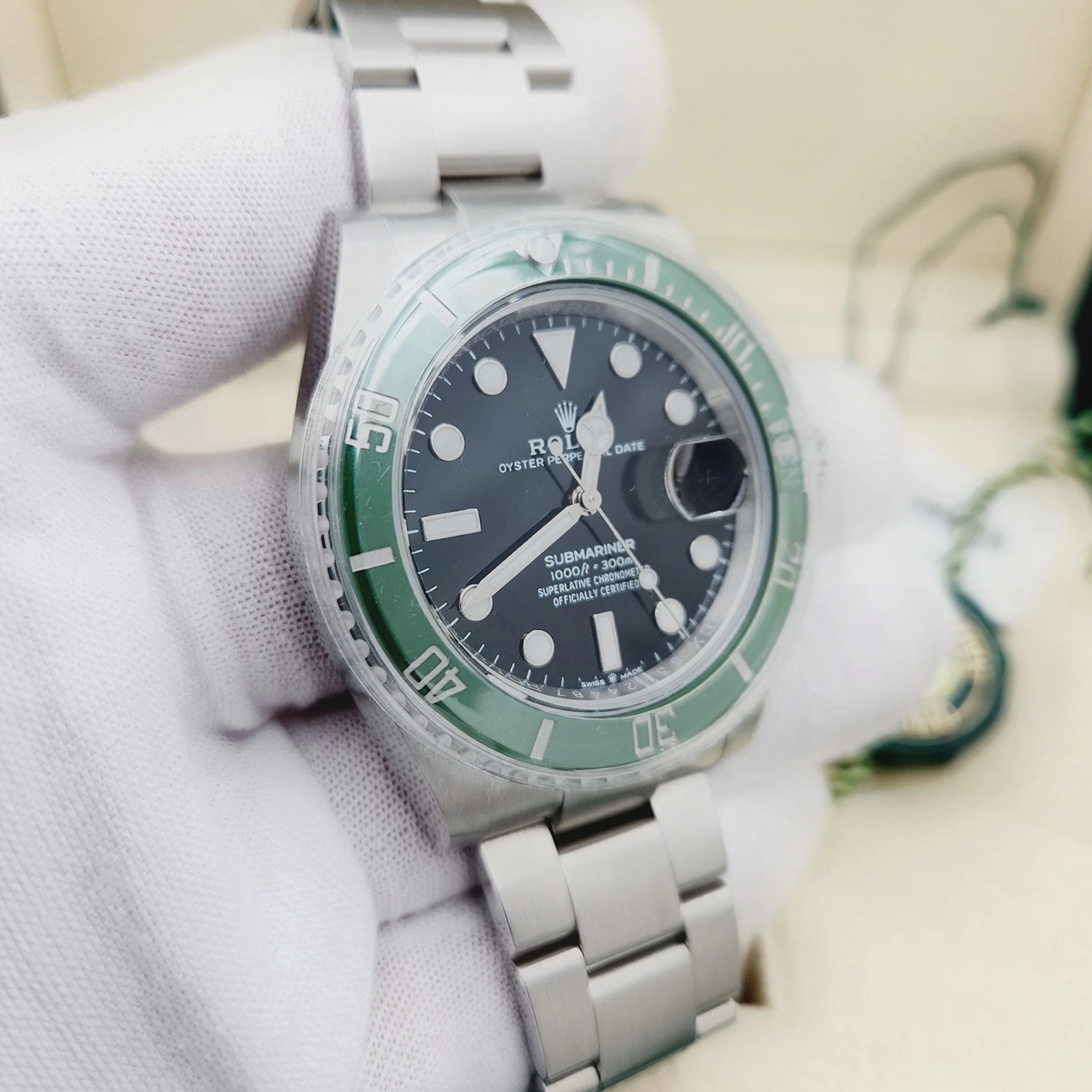 2024 Men's Rolex 41mm Submariner Date "Starbucks" Oyster Perpetual Stainless Steel Watch with Black Dial and Green Ceramic Bezel. (NEW 126610LV)