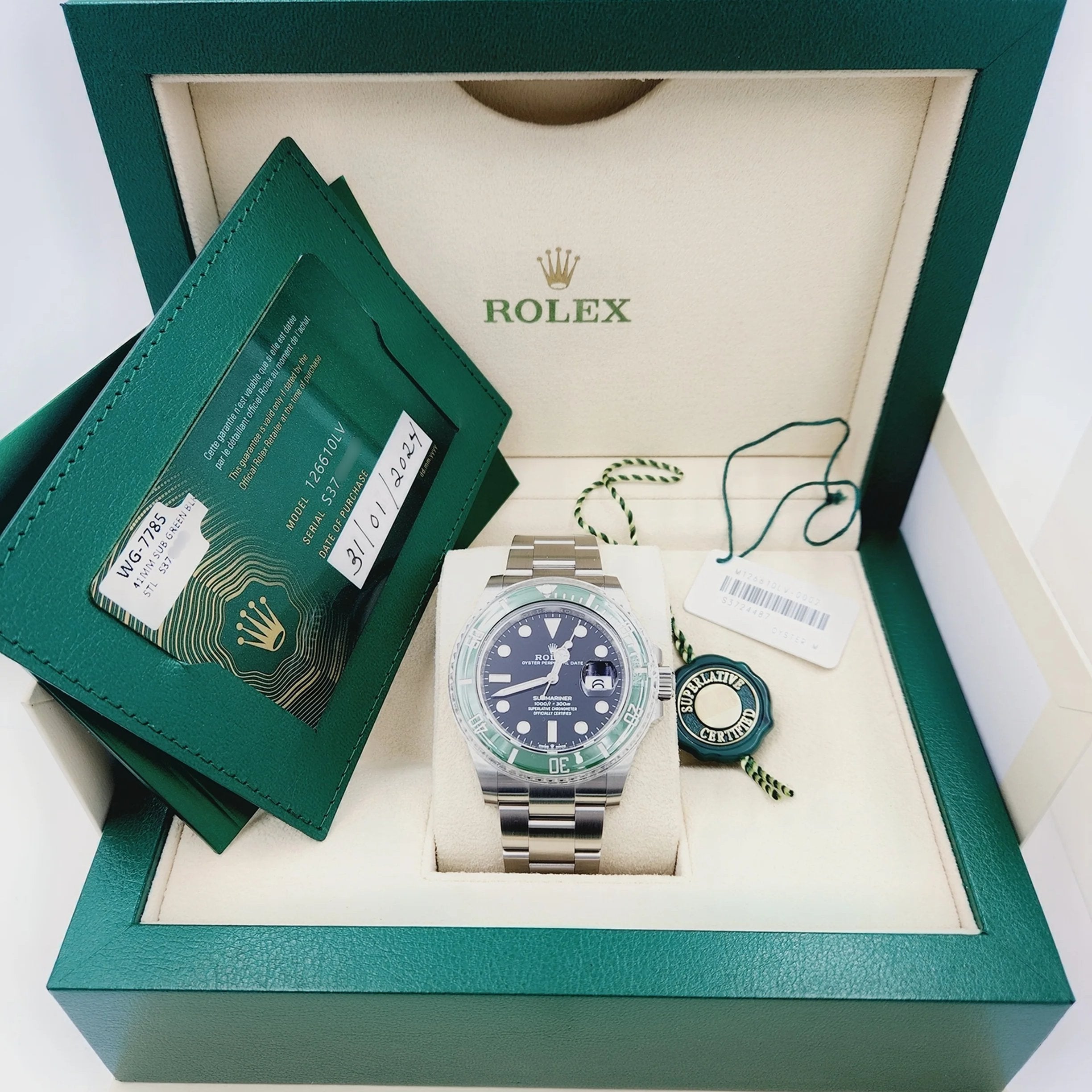 2024 Men's Rolex 41mm Submariner Date "Starbucks" Oyster Perpetual Stainless Steel Watch with Black Dial and Green Ceramic Bezel. (NEW 126610LV)