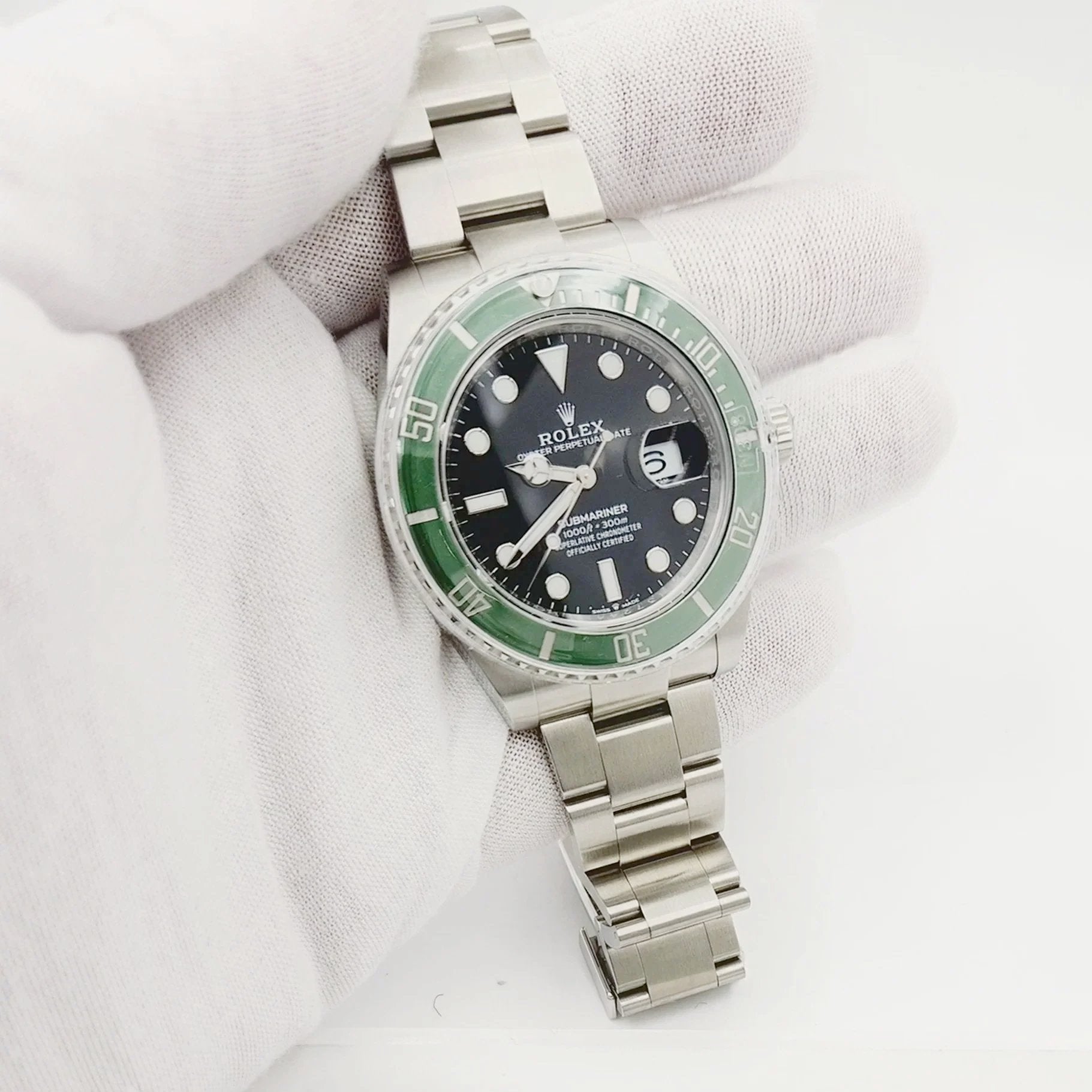 2024 Men's Rolex 41mm Submariner Date "Starbucks" Oyster Perpetual Stainless Steel Watch with Black Dial and Green Ceramic Bezel. (NEW 126610LV)