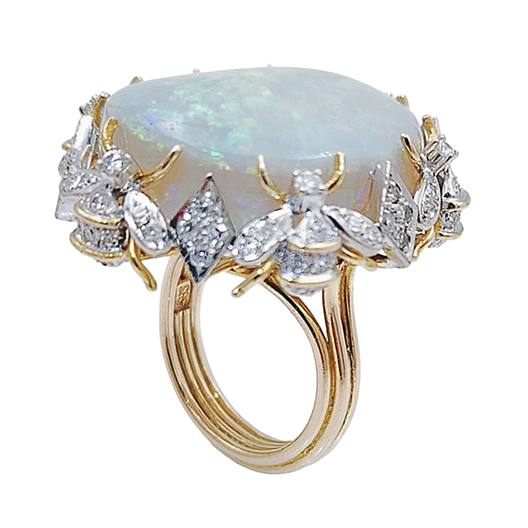 Estimated 30 to 35 Carat Australian Multi Color Fiery Antique Art Deco Fancy Rainbow Crystal Opal Ring with 1.00CT SI2-G Diamonds in 14K Yellow Gold.