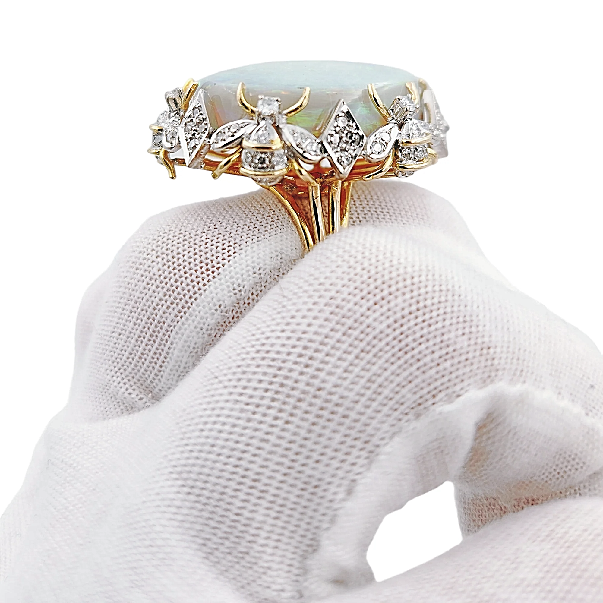 Estimated 30 to 35 Carat Australian Multi Color Fiery Antique Art Deco Fancy Rainbow Crystal Opal Ring with 1.00CT SI2-G Diamonds in 14K Yellow Gold.