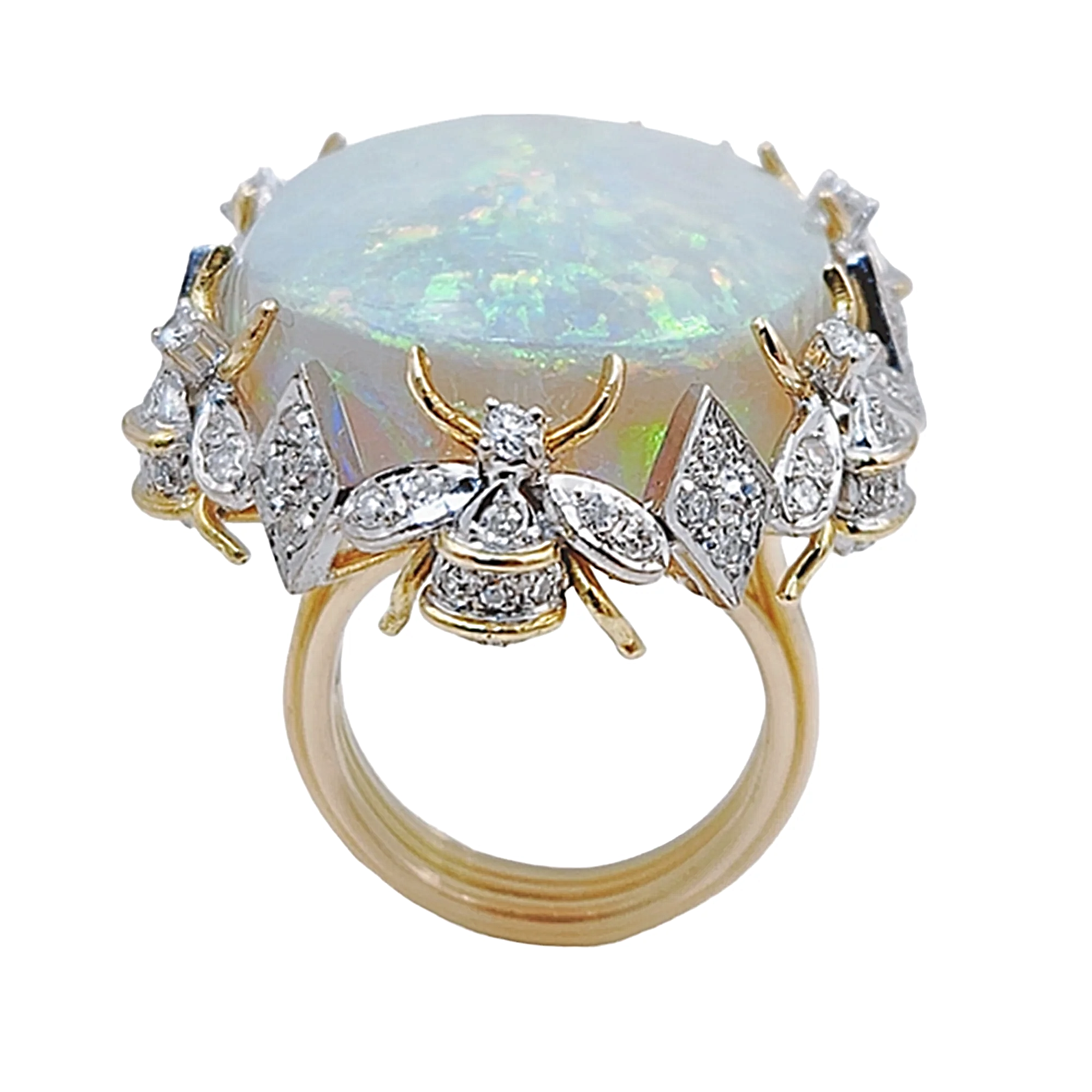 Estimated 30 to 35 Carat Australian Multi Color Fiery Antique Art Deco Fancy Rainbow Crystal Opal Ring with 1.00CT SI2-G Diamonds in 14K Yellow Gold.