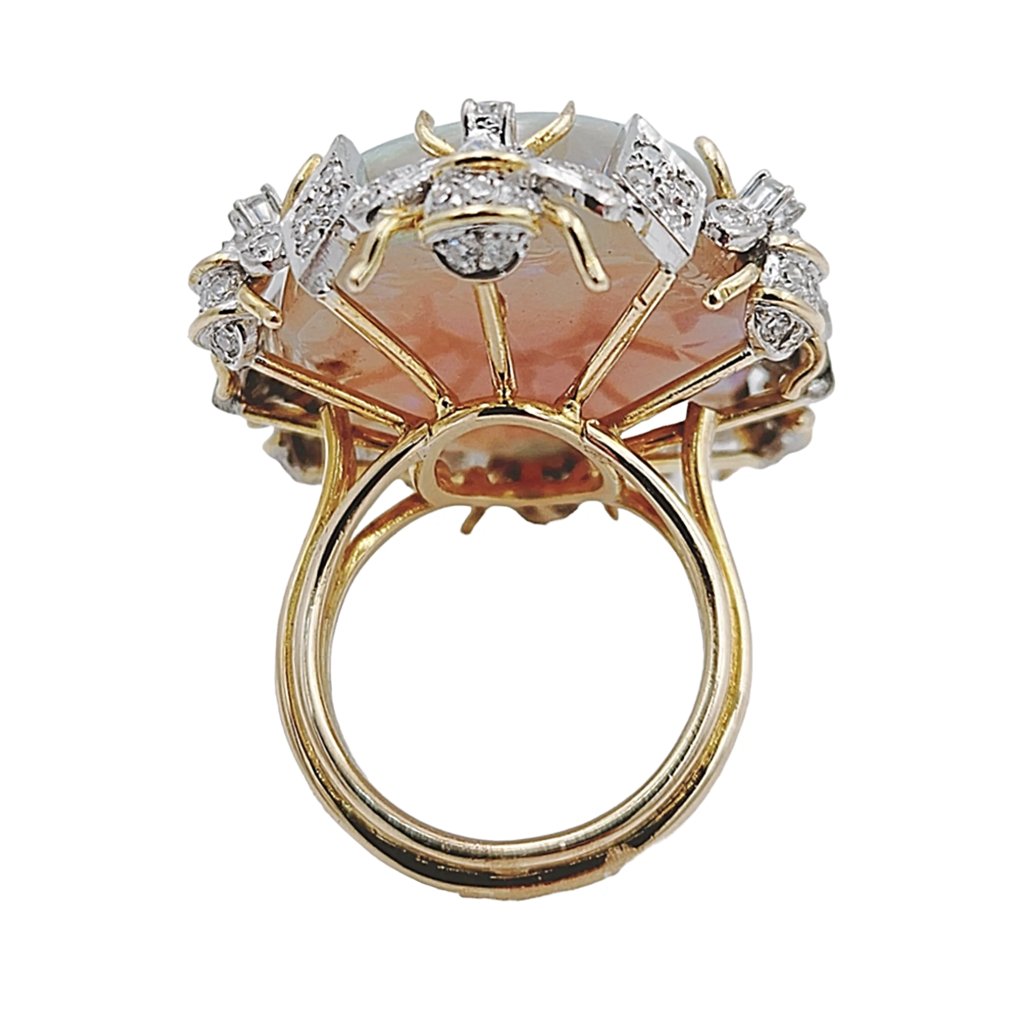 Estimated 30 to 35 Carat Australian Multi Color Fiery Antique Art Deco Fancy Rainbow Crystal Opal Ring with 1.00CT SI2-G Diamonds in 14K Yellow Gold.