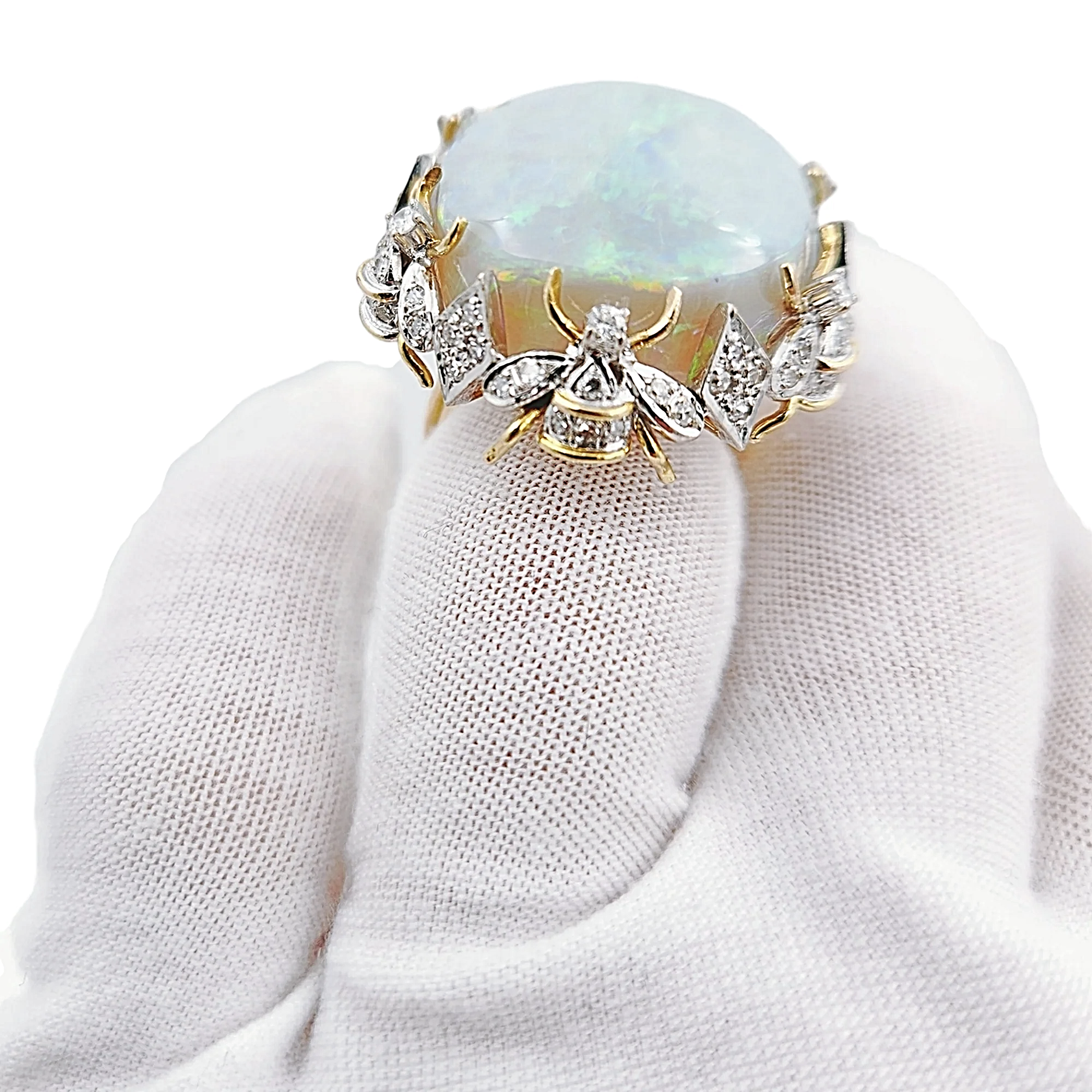 Estimated 30 to 35 Carat Australian Multi Color Fiery Antique Art Deco Fancy Rainbow Crystal Opal Ring with 1.00CT SI2-G Diamonds in 14K Yellow Gold.