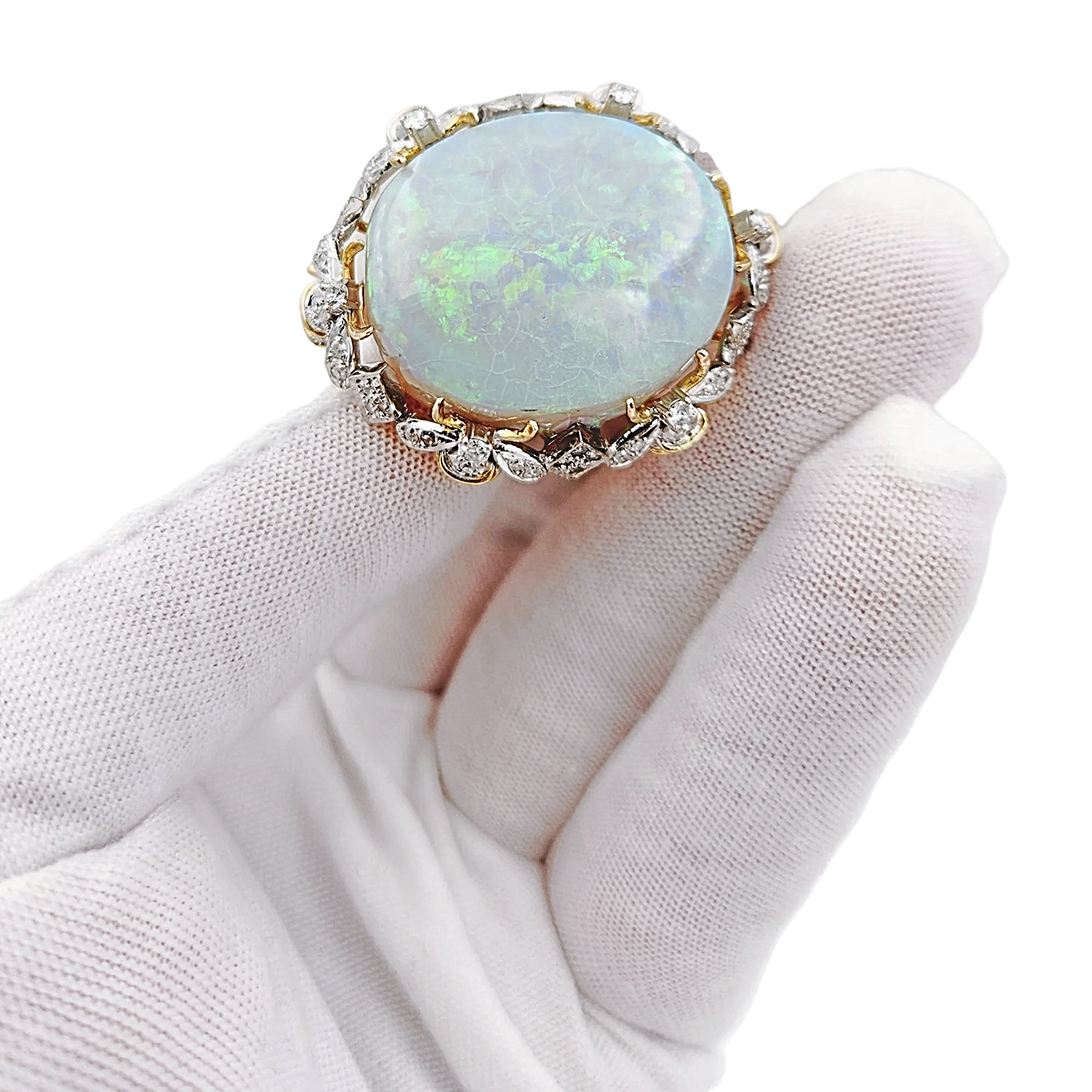 Estimated 30 to 35 Carat Australian Multi Color Fiery Antique Art Deco Fancy Rainbow Crystal Opal Ring with 1.00CT SI2-G Diamonds in 14K Yellow Gold.