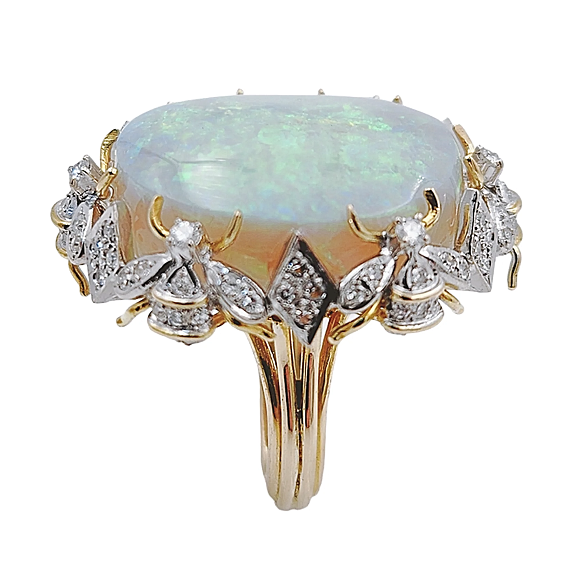 Estimated 30 to 35 Carat Australian Multi Color Fiery Antique Art Deco Fancy Rainbow Crystal Opal Ring with 1.00CT SI2-G Diamonds in 14K Yellow Gold.