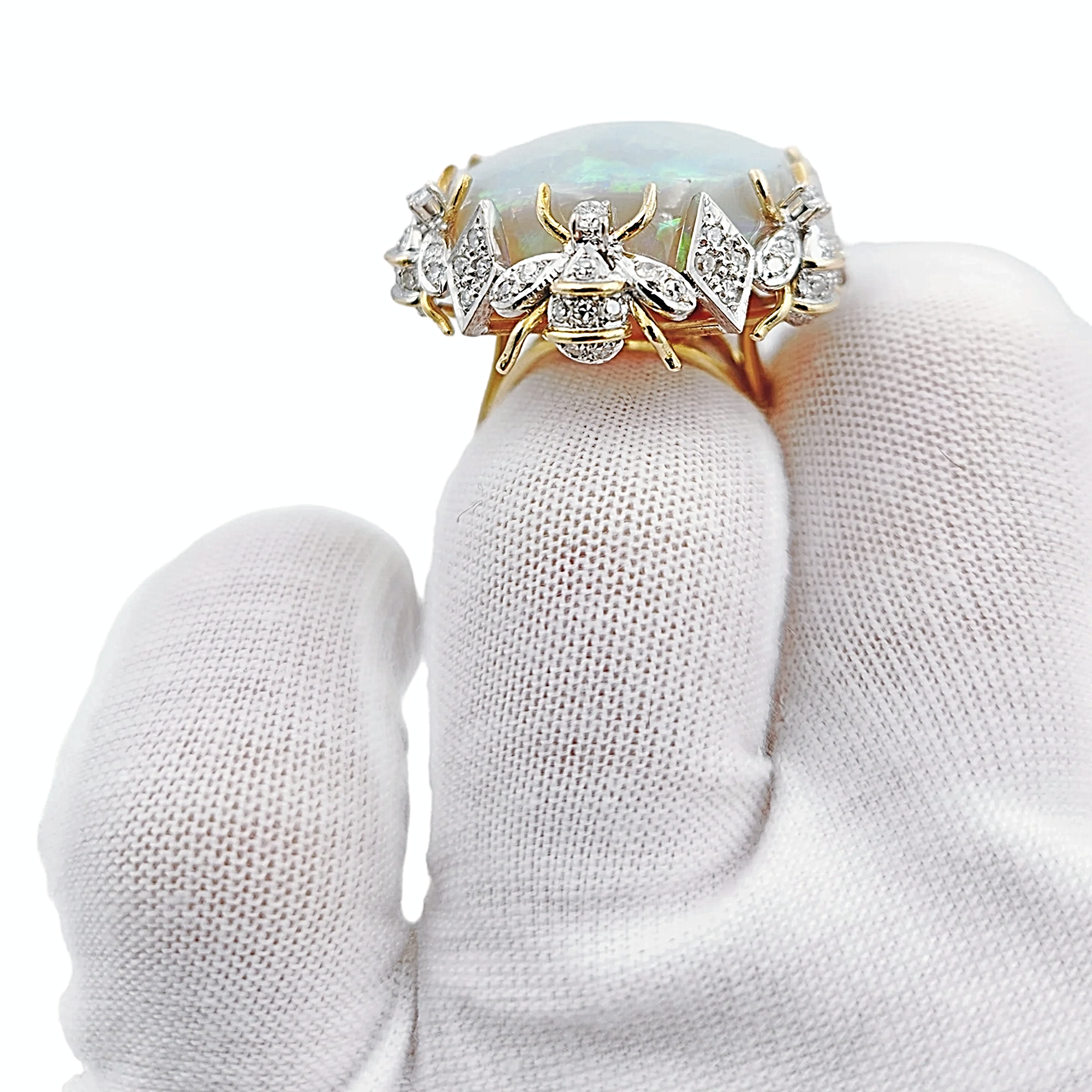 Estimated 30 to 35 Carat Australian Multi Color Fiery Antique Art Deco Fancy Rainbow Crystal Opal Ring with 1.00CT SI2-G Diamonds in 14K Yellow Gold.