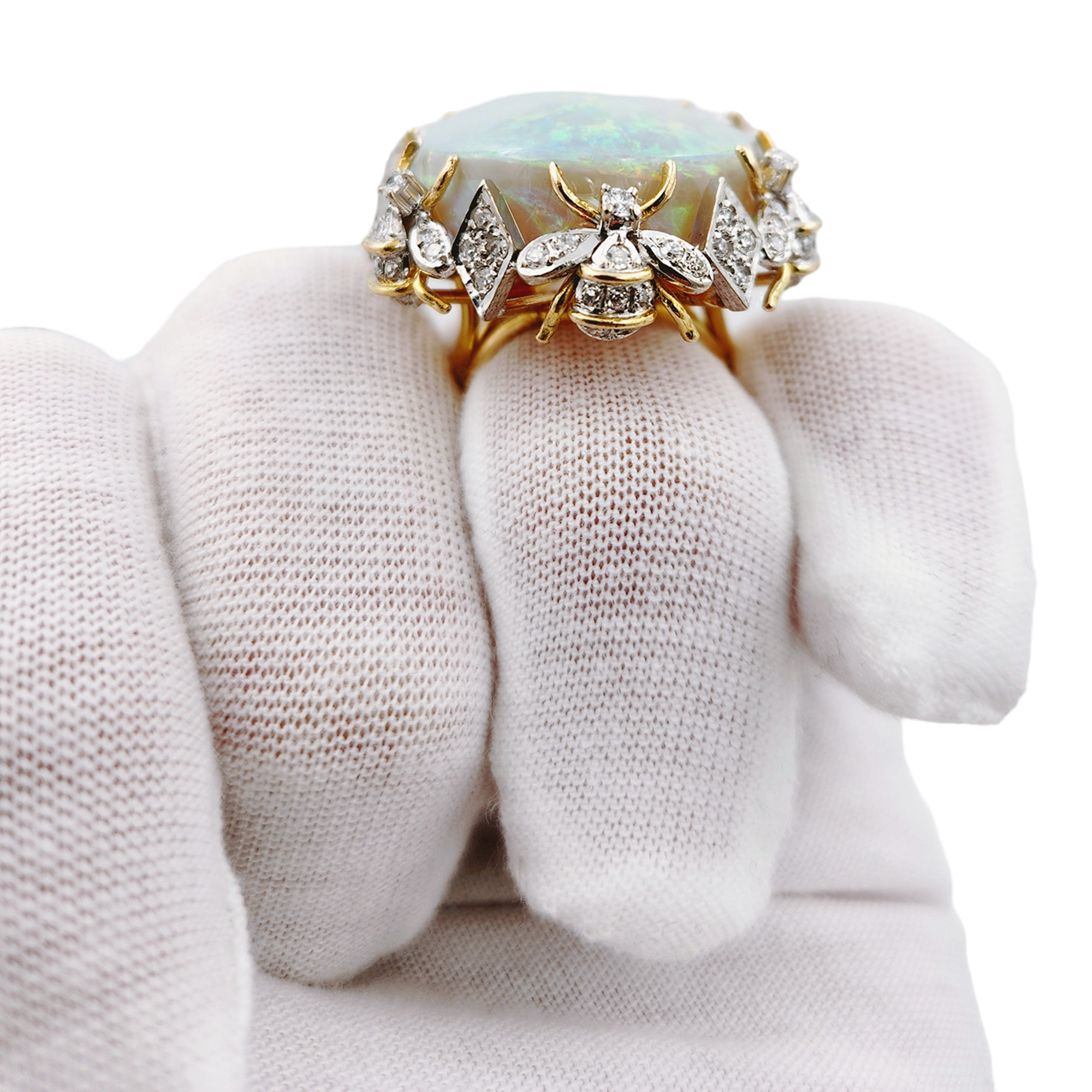 Estimated 30 to 35 Carat Australian Multi Color Fiery Antique Art Deco Fancy Rainbow Crystal Opal Ring with 1.00CT SI2-G Diamonds in 14K Yellow Gold.