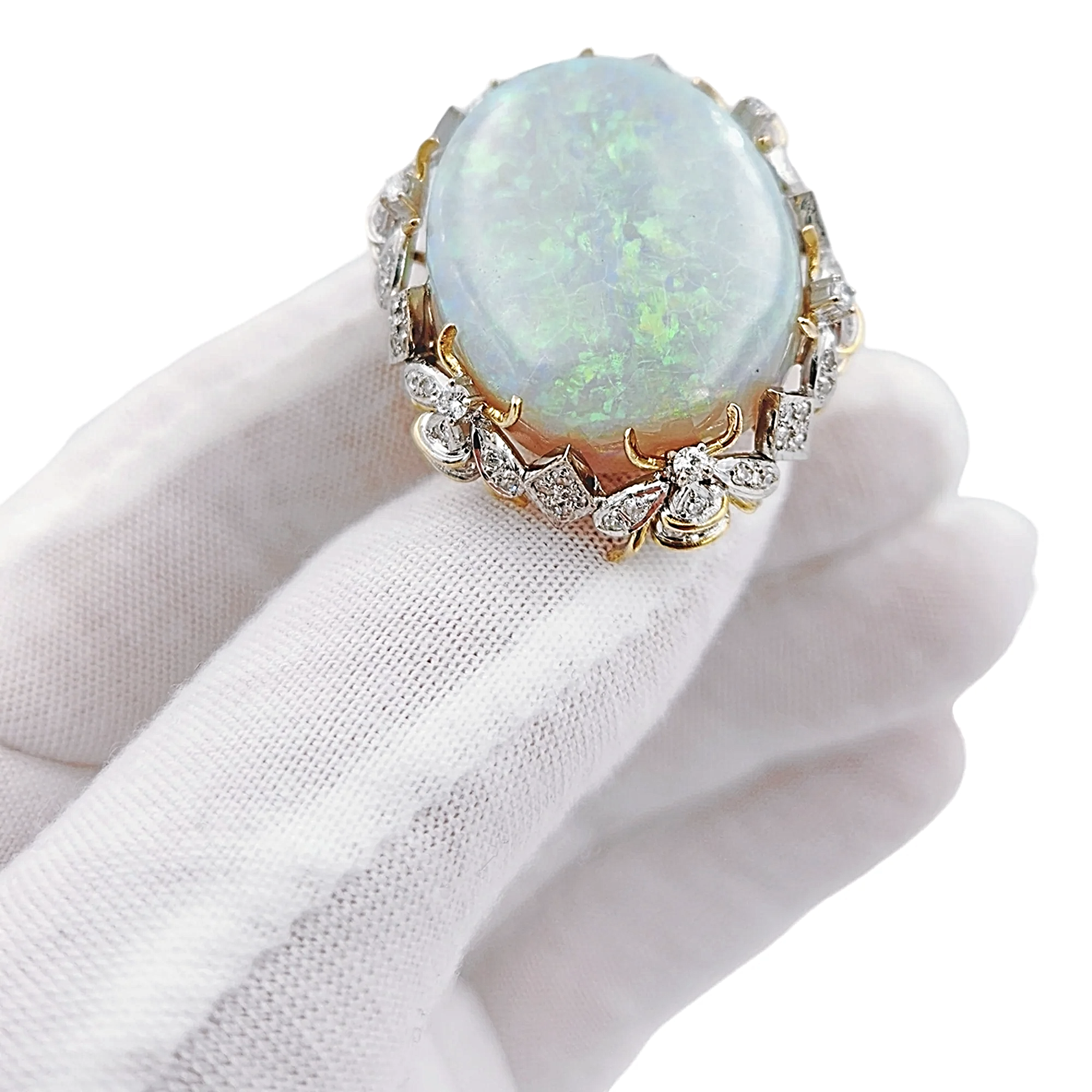 Estimated 30 to 35 Carat Australian Multi Color Fiery Antique Art Deco Fancy Rainbow Crystal Opal Ring with 1.00CT SI2-G Diamonds in 14K Yellow Gold.