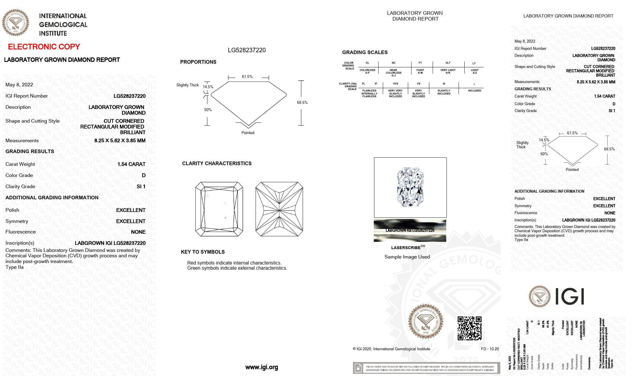 1.54 ct. Radiant Wholesale IGI Certified Lab Grown Loose Diamond. (SI1 / D)