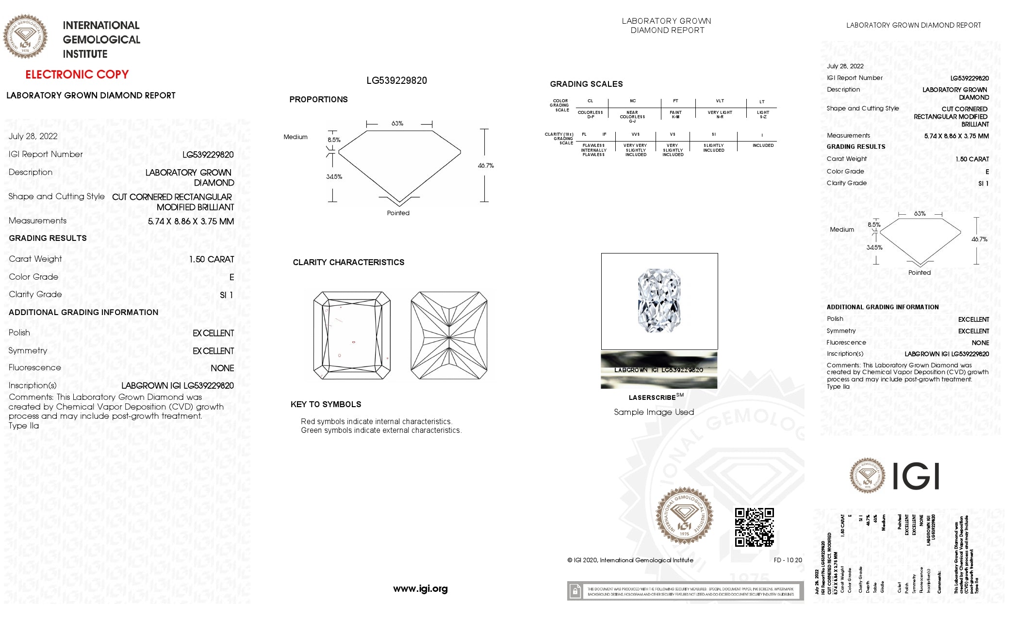 1.5 Ct. Radiant Wholesale IGI Certified Lab Grown Loose Diamond. (SI1 / E)