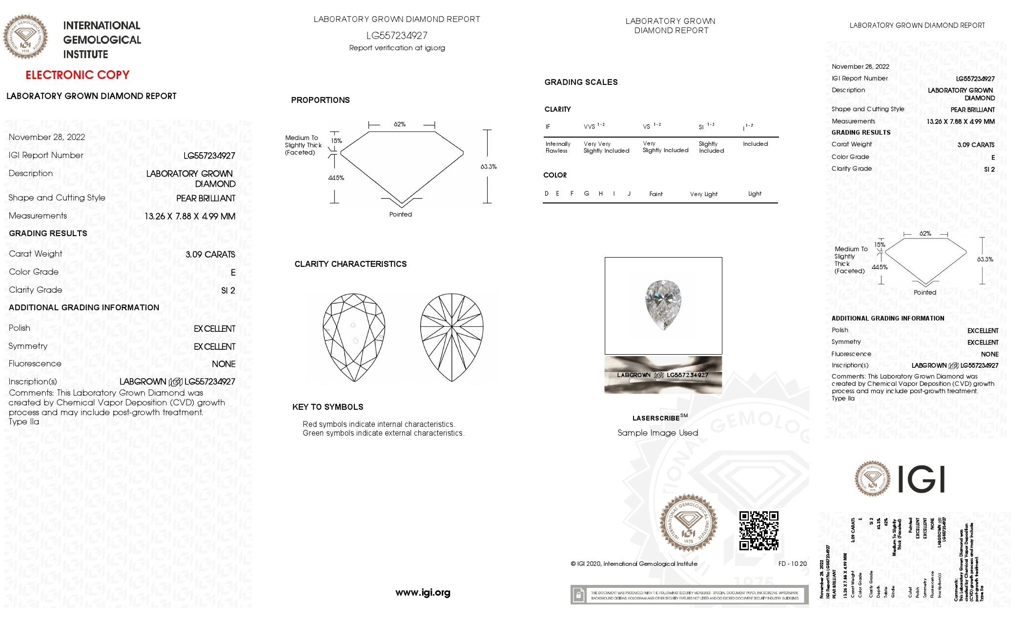 3.09 Ct. Pear Wholesale IGI Certified Lab Grown Loose Diamond. (SI2 / E)