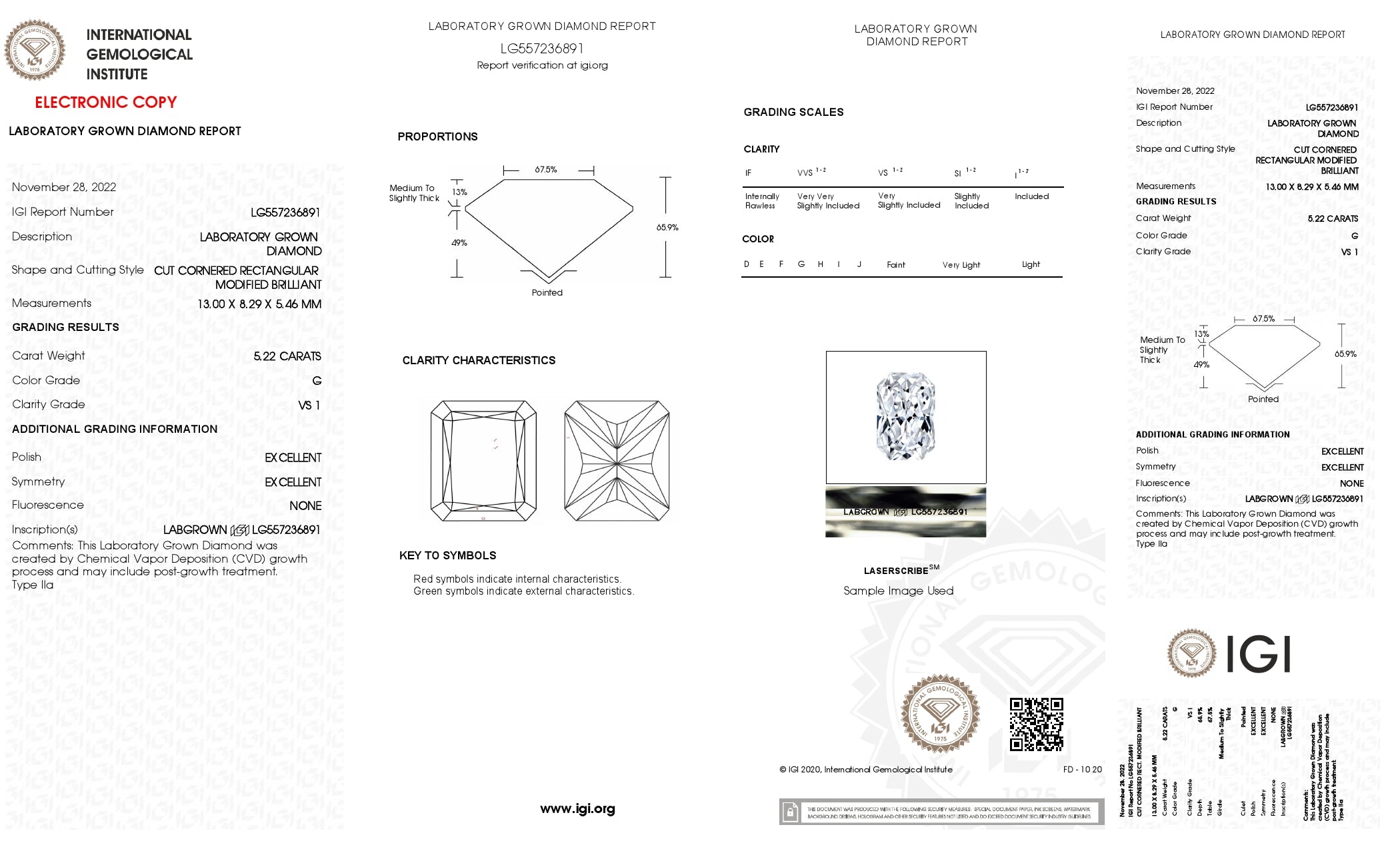 5.22 Ct. Radiant Wholesale IGI Certified Lab Grown Loose Diamond. (VS1 / G)