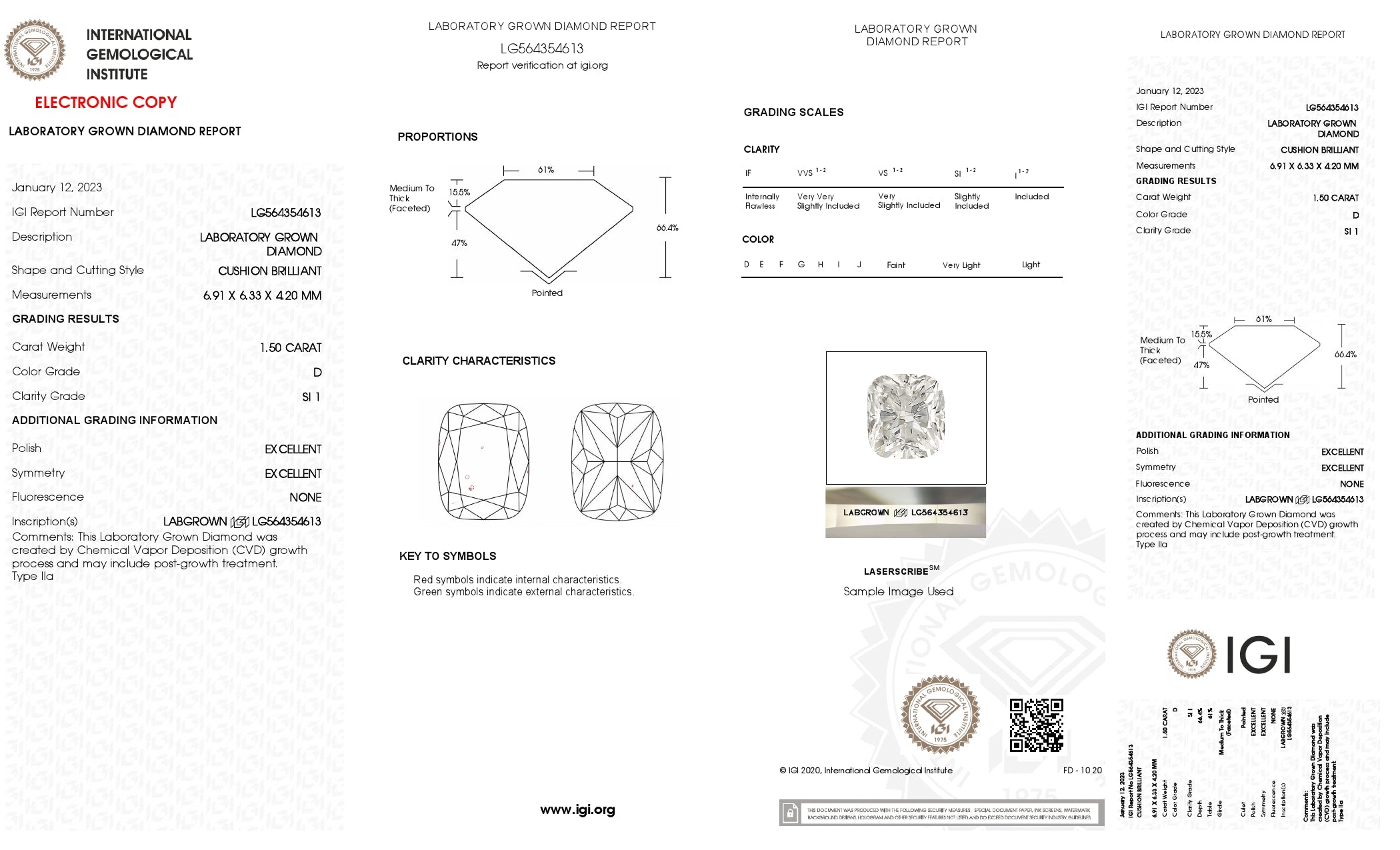 1.50 ct. Cushion Wholesale IGI Certified Lab Grown Loose Diamond. (SI1 / D)