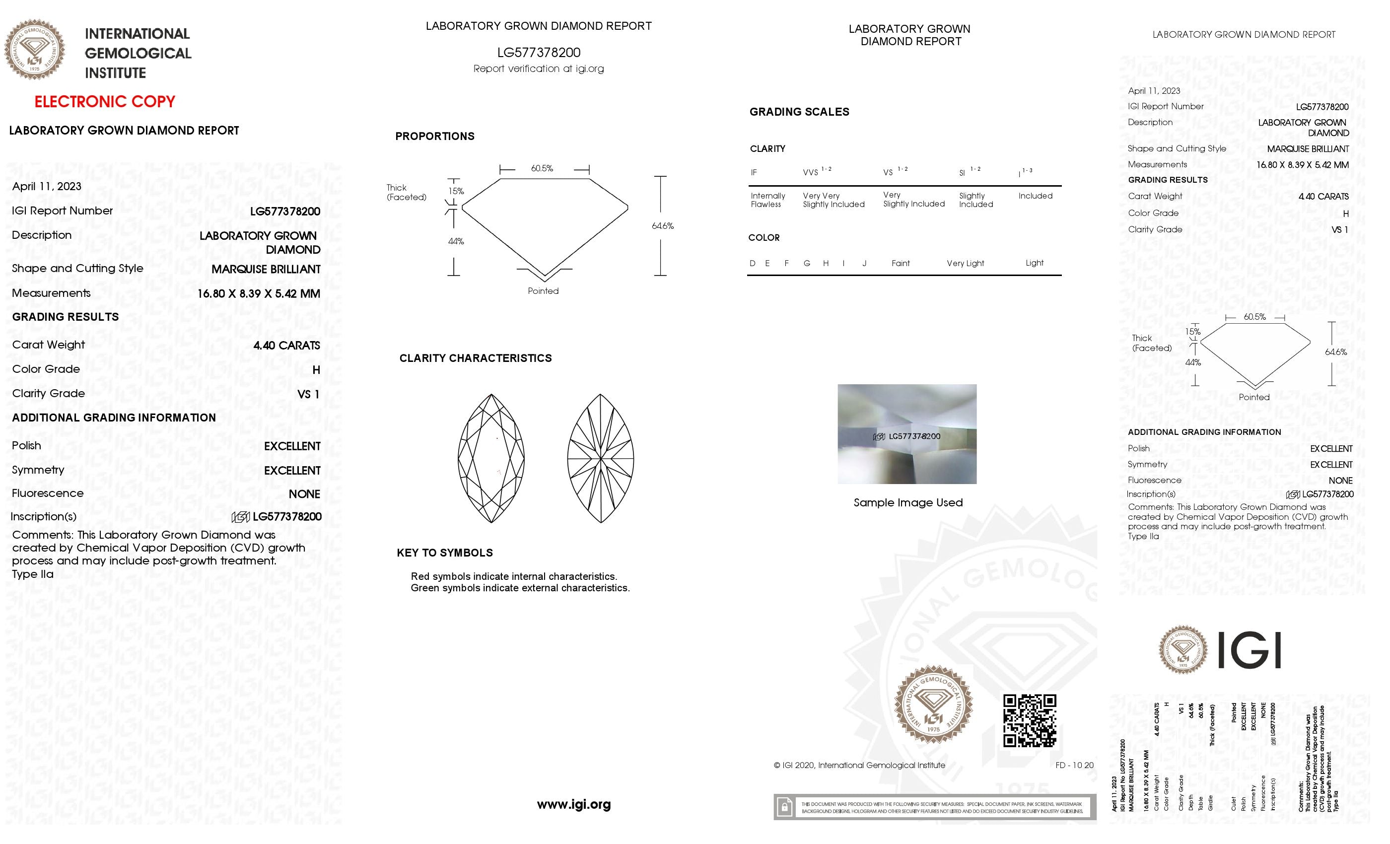 4.4 Ct. Marquise Wholesale IGI Certified Lab Grown Loose Diamond. (VS1 / H)