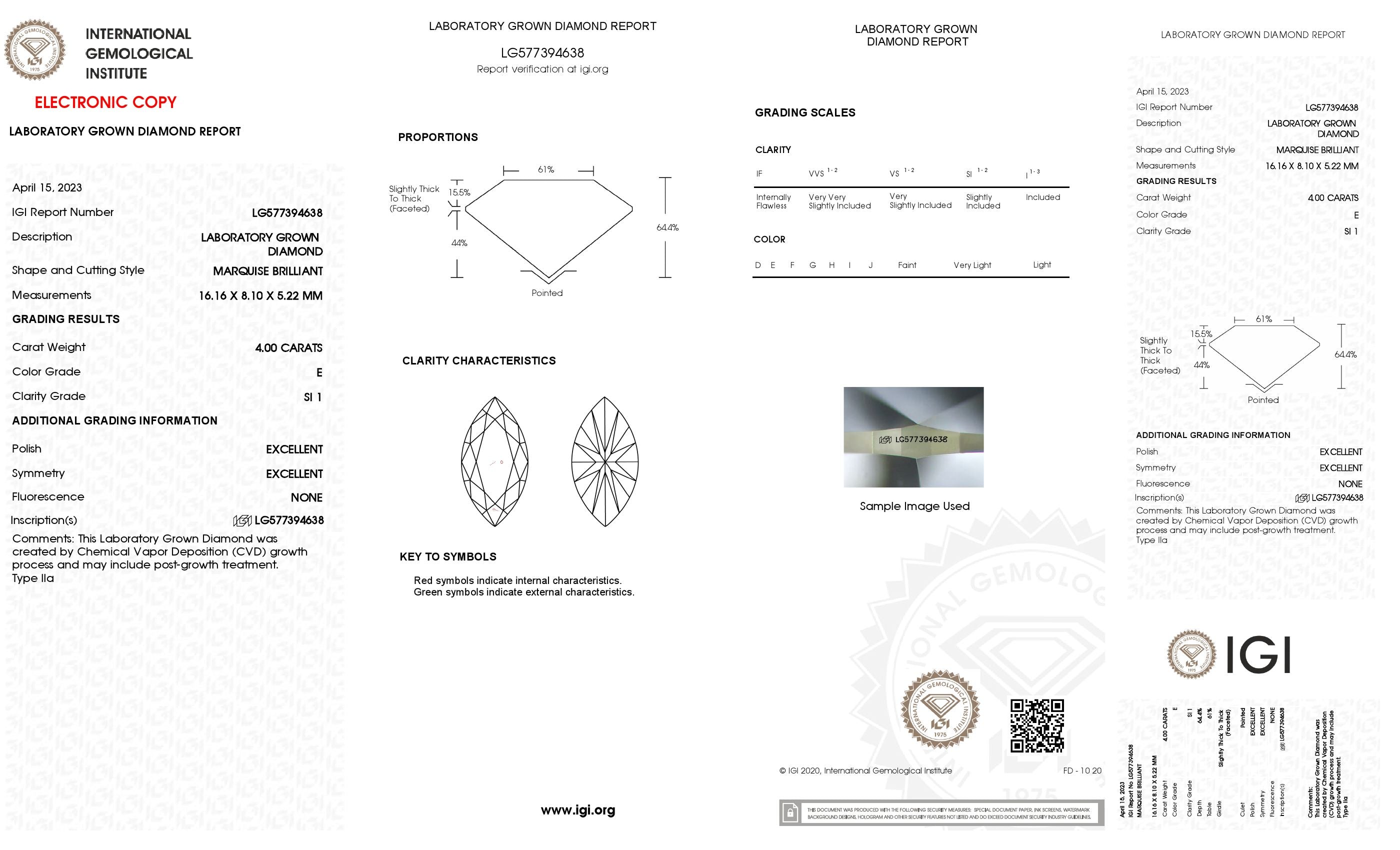 4.00 ct. Marquise Wholesale IGI Certified Lab Grown Loose Diamond. (SI1 / E)